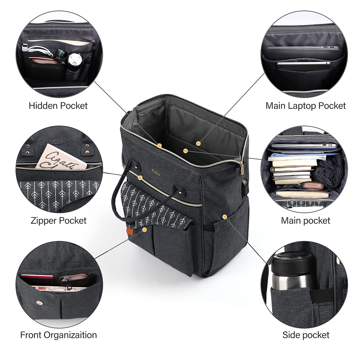 Zaino Donna, Zaino Scuola, 17.3 Pollici Zaino Porta PC con Caricatore USB Zaino da lavoro, Impermeabile Zaino per Laptop, Computer, Notebook, Scuola, Viaggio Regalo Donna - Nero