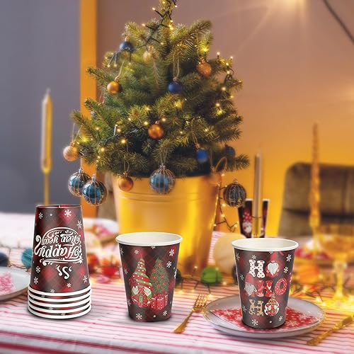 Miniatura 4 de Vasos de café desechables de gnomo de Navidad, vasos de papel a cuadros de búfalo rojo gnomo para cacao caliente, vasos festivos, tazas de té de