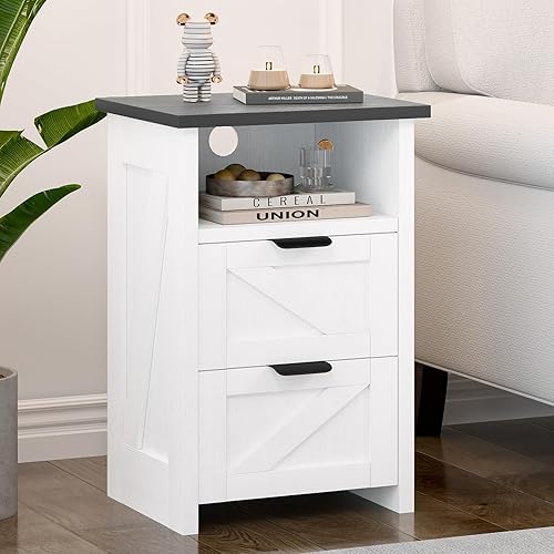 Miniatura 6 de Juego de 2 mesitas de noche de granja, mesa auxiliar de cama con 2 cajones y estante de almacenamiento, mesa auxiliar blanca rústica para