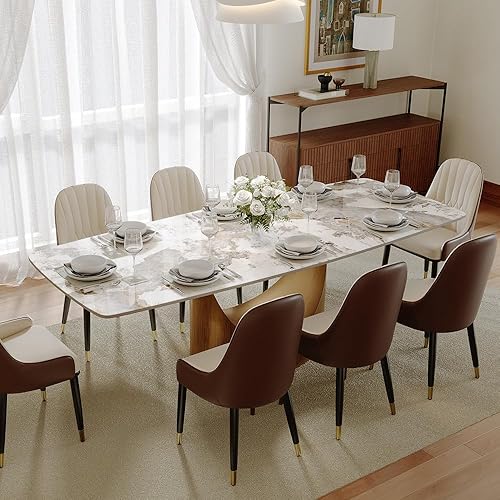 Miniatura 18 de POVISON Hobart - Mesa de comedor rectangular moderna de 71 pulgadas para 6, mesa de piedra sinterizada blanca brillante con pedestal de acero al