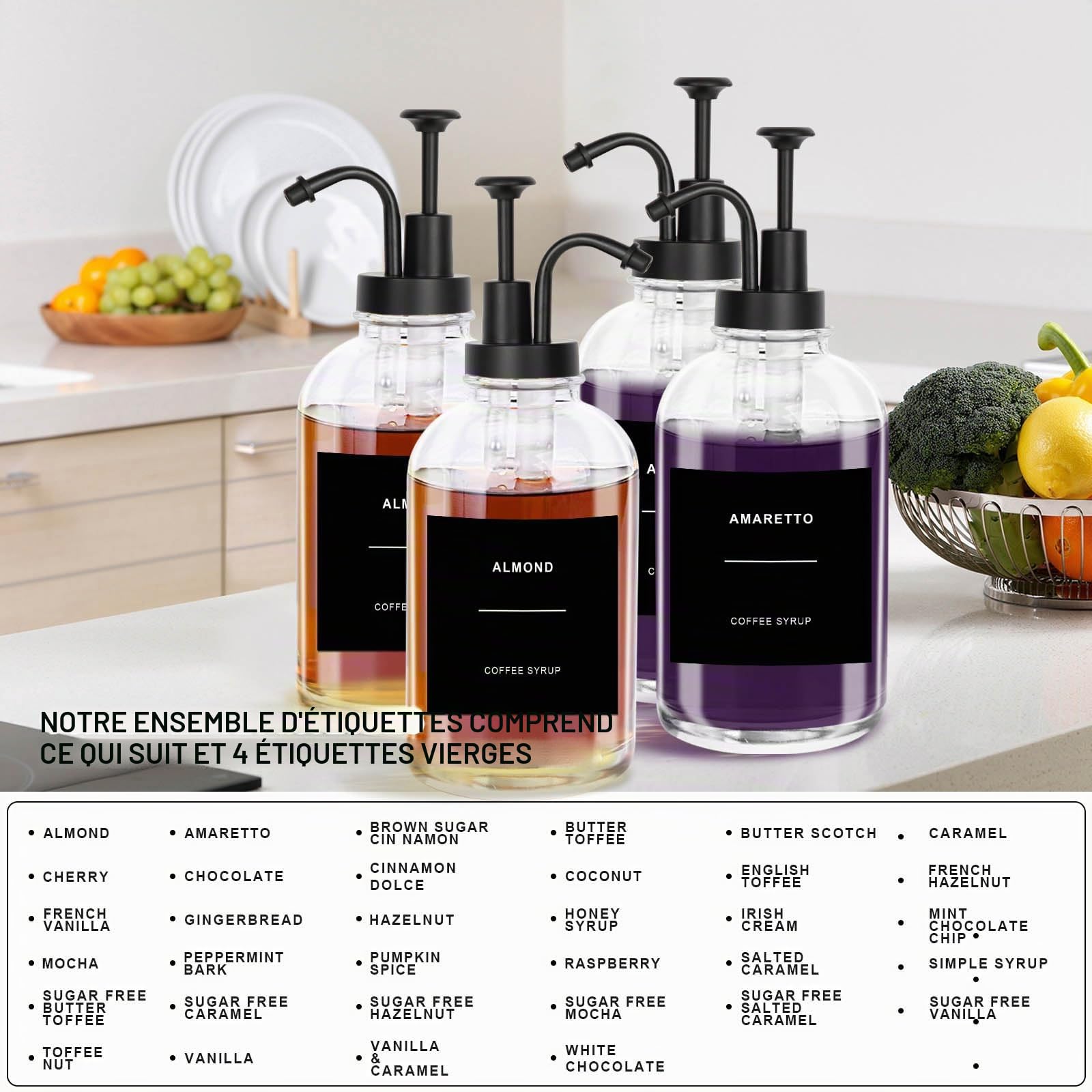 Sunal Lot de 4 distributeurs de sirop de café en verre - 500 ml - Distributeur de sirop - Bouteille de pompe à miel en verre noir avec 36 étiquettes étanches et 1 entonnoir en silicone pour cuisine