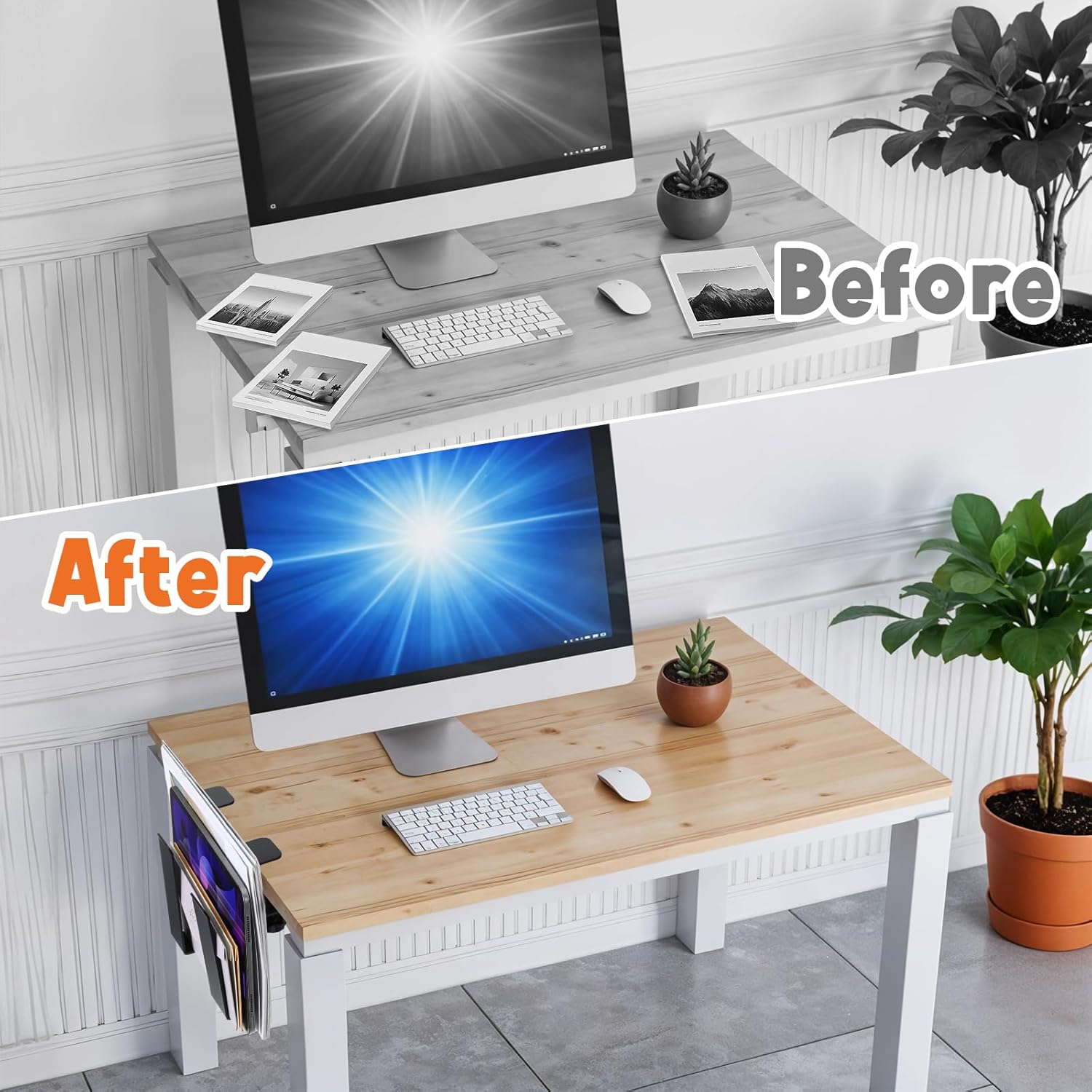 2 Pack Adjustable Desk Side Laptop Holder, Heavy-Duty Metal Desk Side Storage, Hanging Organizer with Tool-Free Clamp (6.97"x1.77", Black)