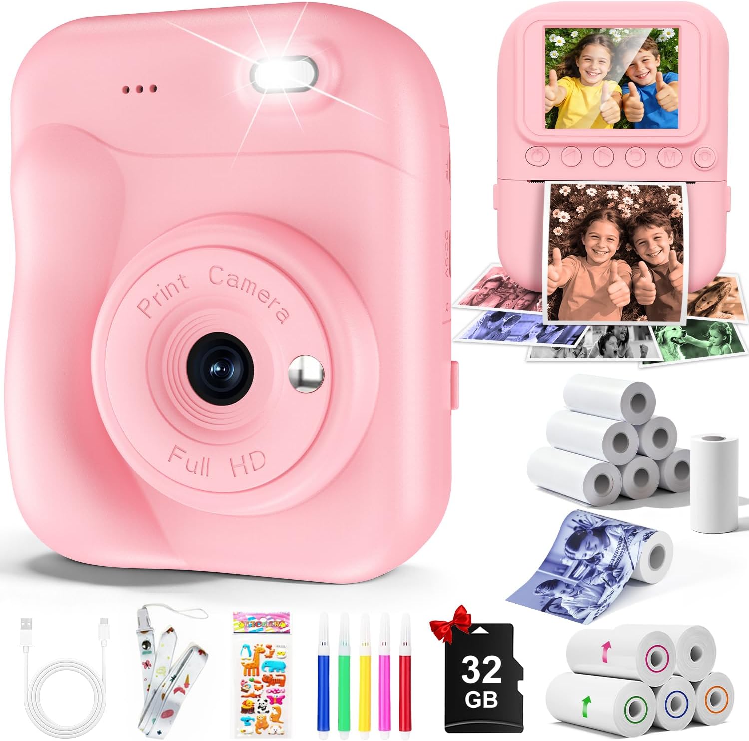 Kids Camera Instant Print Camera for Kids Toys for 3 4 5 6 7 8 Year Old Girls Christmas Birthday Gifts, 8 Rolls Print Paper Roll Refill