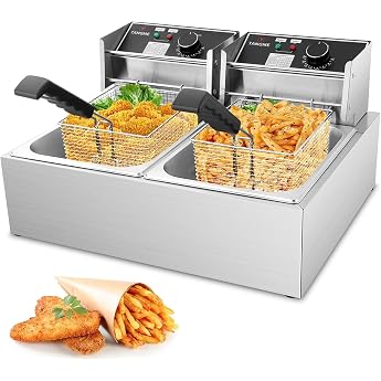 Commercial deep fryer 5000W Electric deep fryer with 2x6L baskets 0.8mm stainless steel table deep fryer 20.7QT large capacity with temperature limiter