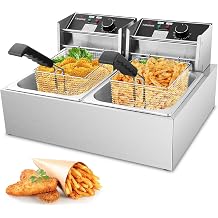 TANGME Kommerzielle Fritteuse 5000W Elektrische Fritteuse mit 2x6L K rben 08mm Edelstahl Doppelter Tank Fritteuse Maschineh 20L Gro e Kapazit t mit Temperaturbegrenzer