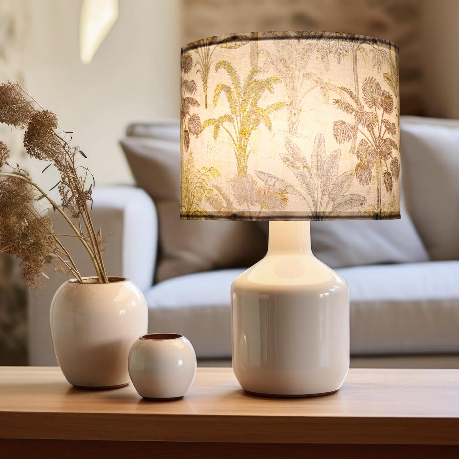 Floral Drum lampshade Set of 2 | Cotton Small Lamp Shade 8.7" Top x 8.7" Bottom x 7.9" High Spider Lamp Shades Replacement for Table and Floor Lamps (Palm Tree)