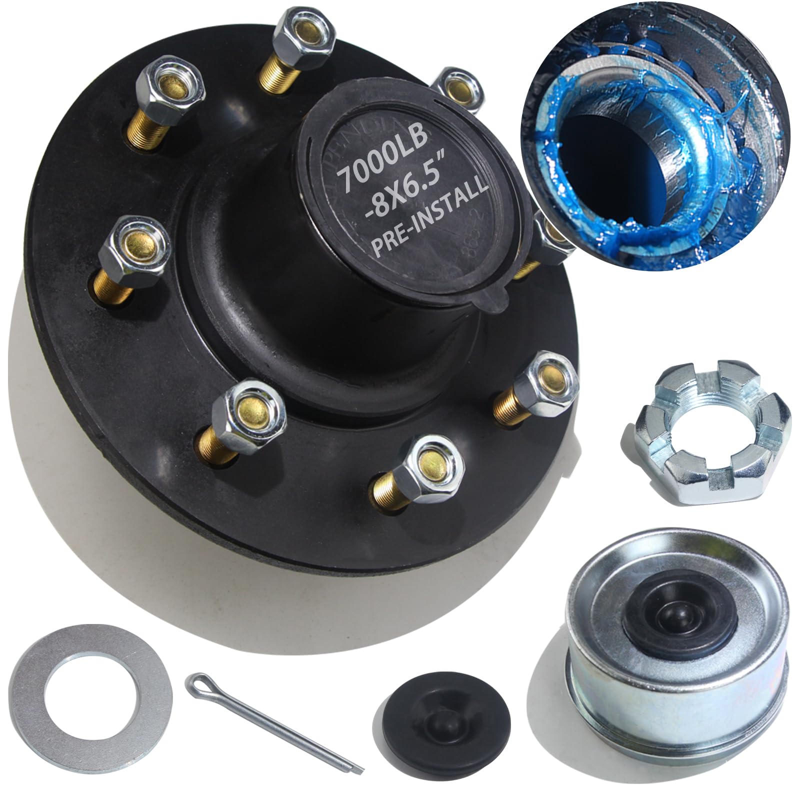 iBroPrat 1 set di mozzi per rimorchio, 8 bulloni da 16,5 cm, pre-lubrificati e installati, kit per asse del rimorchio per 8 anse da 3,175 kg, adatto per 25580 14125A, con tappo antipolvere e tappo in