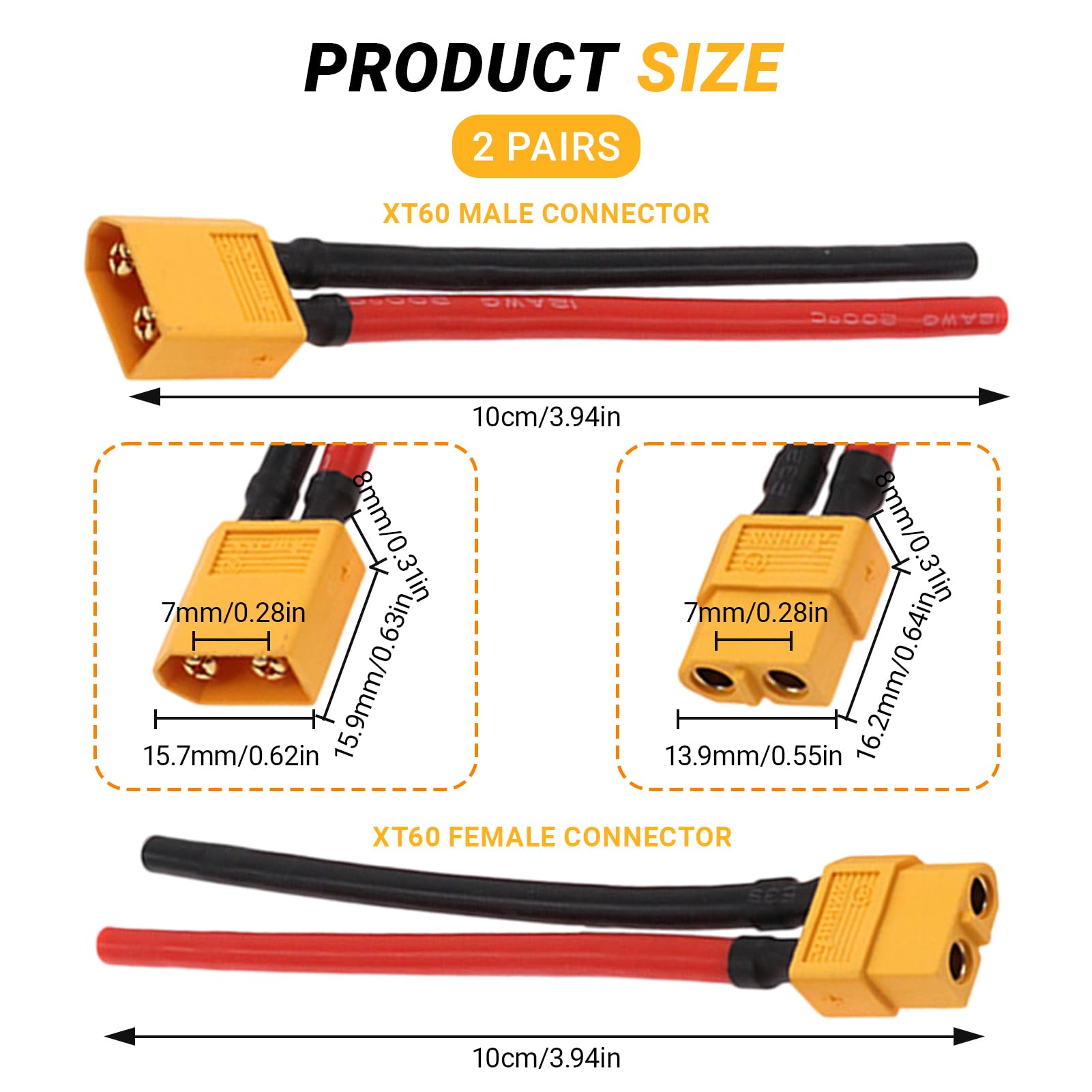 4 Conectores XT60 Macho/Hembra Con Cable De Silicona 14AWG – 10 Cm Para Baterías Lipo Y Drones FPV