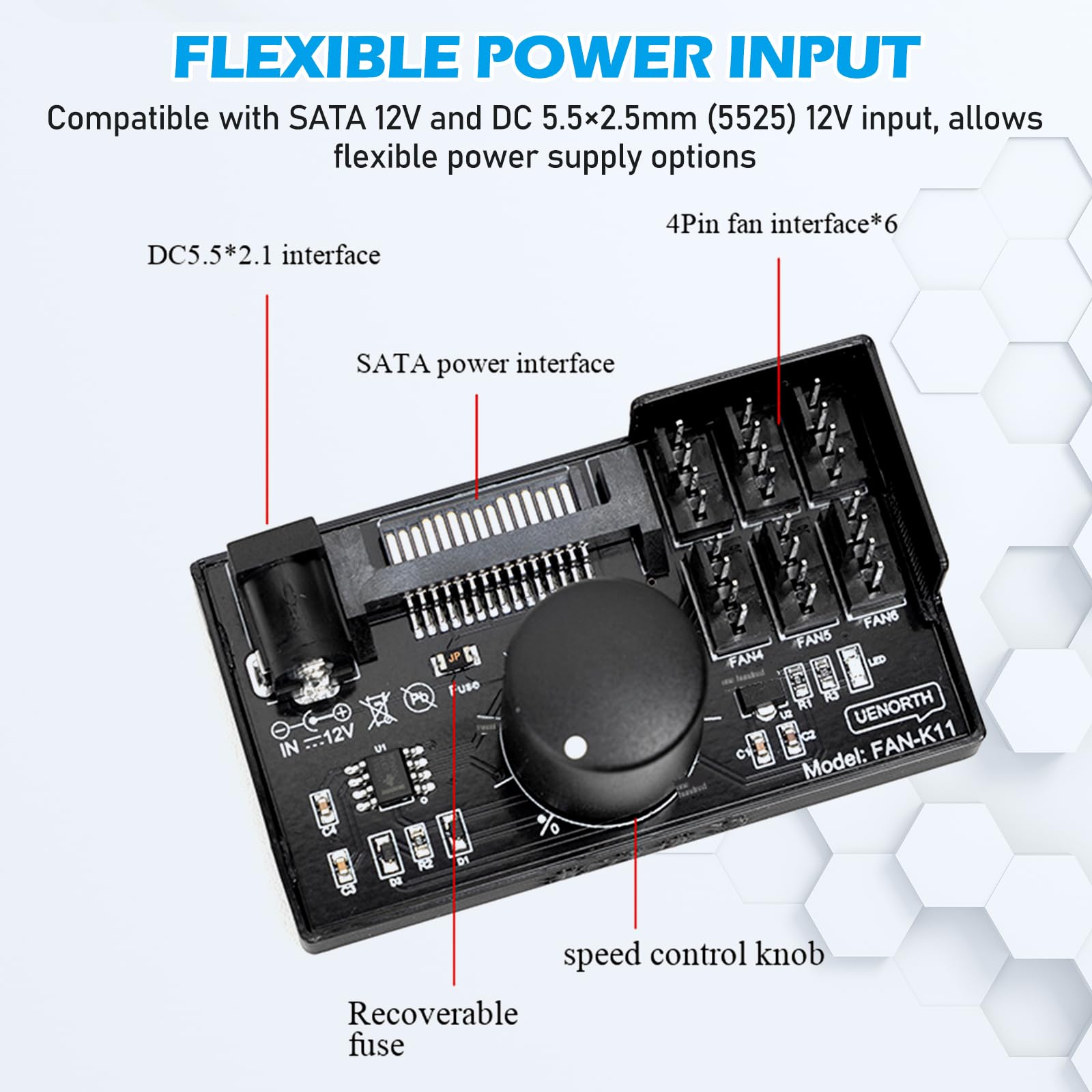 2 controller di velocità della ventola PWM 12 V: 4 poli, hub adattatore ventola per PC con alimentazione tramite SATA e DC 5525, Cooling Fan Speed Knob con uscita massima totale 60 W 5 A