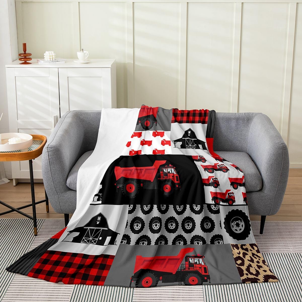 Feelyou Kids Tractor Flannel Fleece Blanket Set Red Farm Tractor Plush Throw Blanket,for Kids Equipment Trucks All Season,Bed Blanket Set Geometric All Season,Bed Blankets Twin 60"x80"