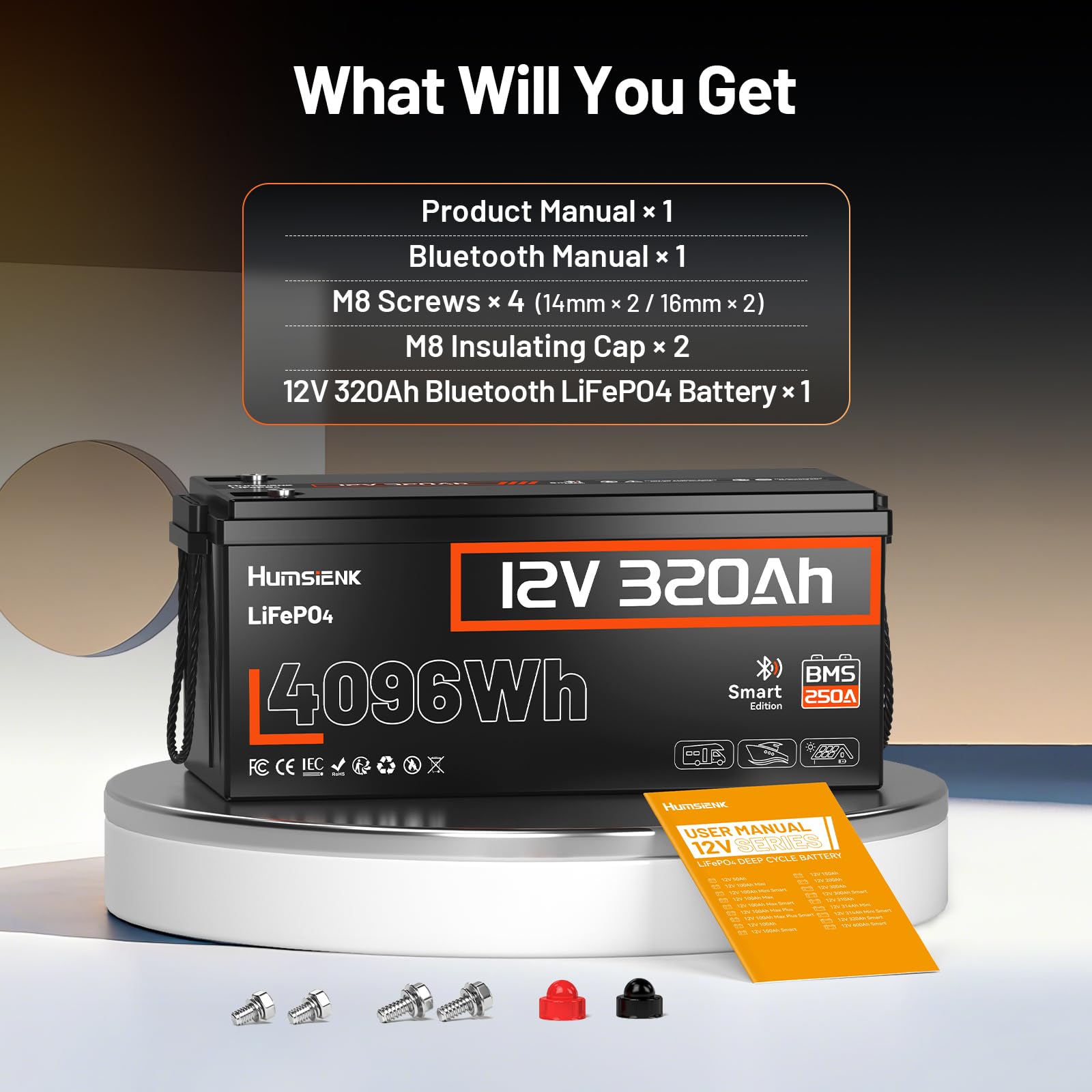 Humsienk Batteria Litio 12V 320Ah LiFePO4 con Bluetooth, protezione 250A BMS a bassa temperatura, Max. 15000 cicli, 3200Wh Energia per Camper, Barca, Pannello solare, Accumulo fotovoltaico