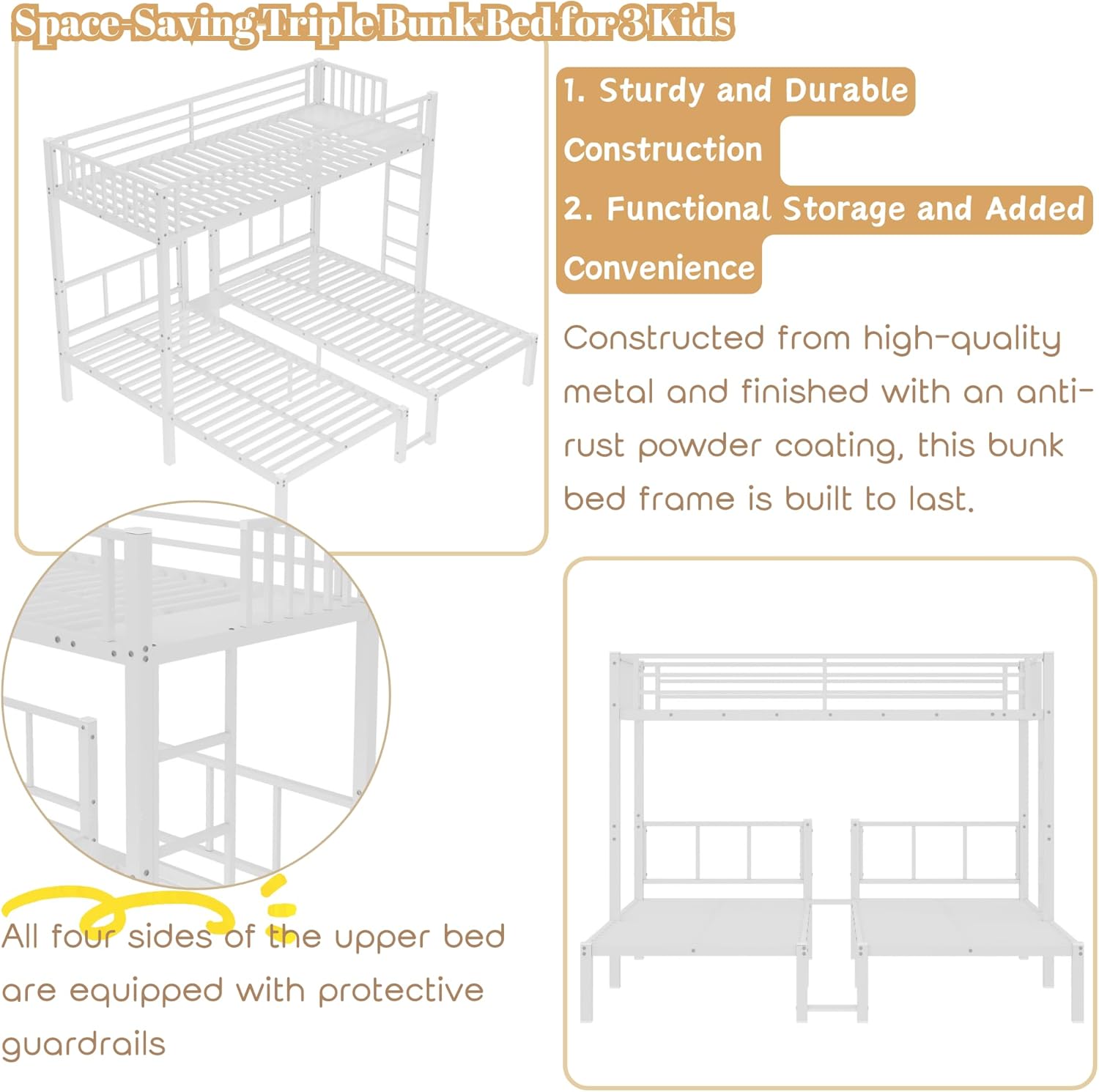 Close-up images highlighting the sturdy metal construction, upgraded slats, safety rails, and reinforced joints of the bunk bed.