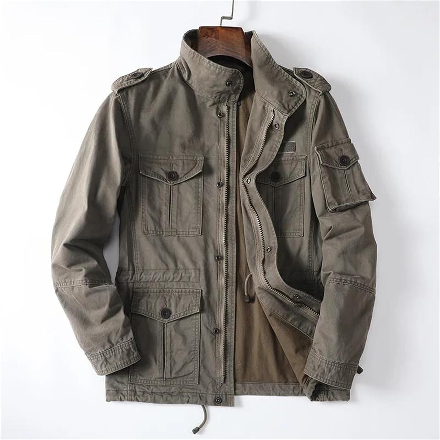 Men's Cargo Pullover Jacket Stand Collar Half-Zip Long Sleeve Multi-Pocket Standard Weight Work Coat