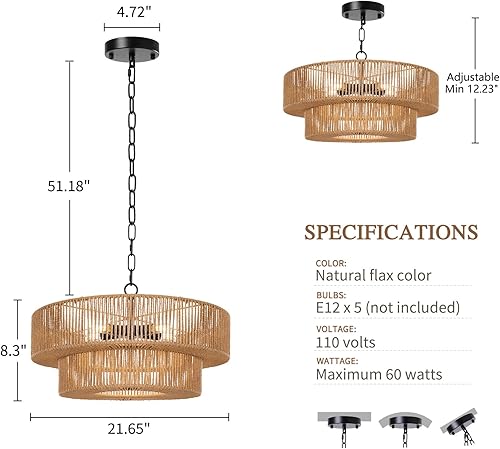 Miniatura 6 de LamQee Candelabros de ratán de granja de 22 pulgadas, 5 luces, lámpara de araña bohemia con pantalla de mimbre tejida a mano, luces colgantes de