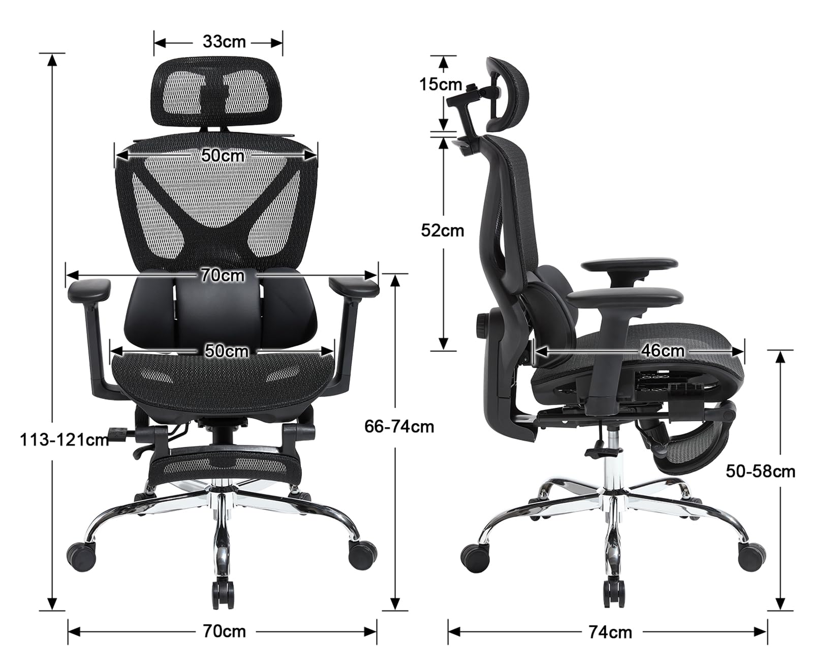 Bürostuhl ergonomisch, Schreibtischstuhl Atmungsaktiv, Schwarz | Drehstuhl Wippfunktion bis 135°, mit 3D verstellbare Armlehne, Fußstütze & Lendenwirbelstütze, Mesh-Stoff, für Home Office