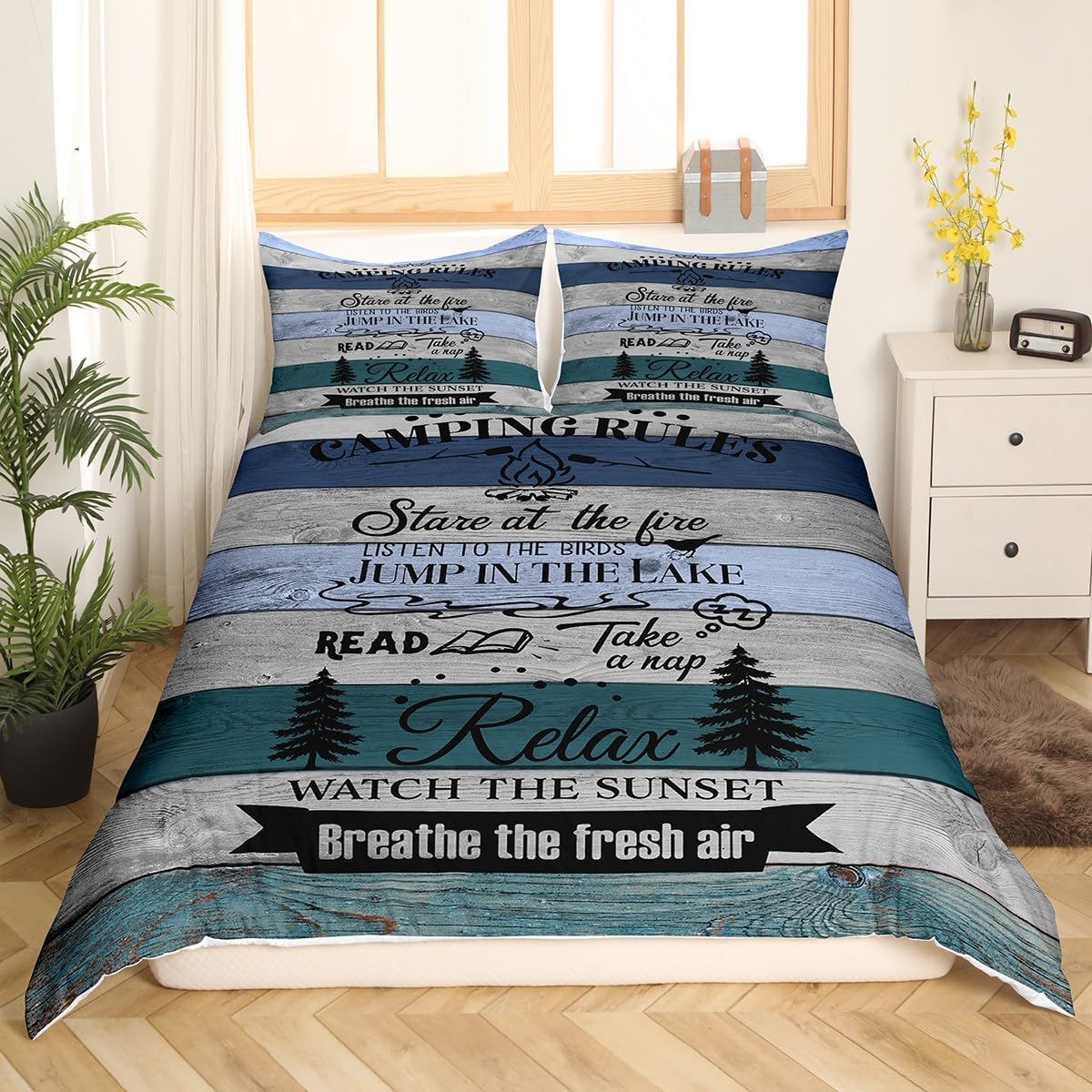 Camping Rules Comforter Cover Twin Size, Lake Life Rv Camper Bedding Set Rustic Farmhouse Duvet Cover for Boys Teens Men Bedroom, Retro Wooden Cabin Lodge Decor Bedspread Cover with 1 Pillowcase