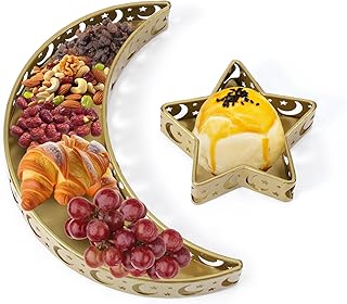 2pcs Ramadan Serving Tray, Moon and Star Shaped Trays Iron Eid Mubarak Food Board Serving Plates Tableware Dessert Storage Container for Islam Muslim Party Table Decor