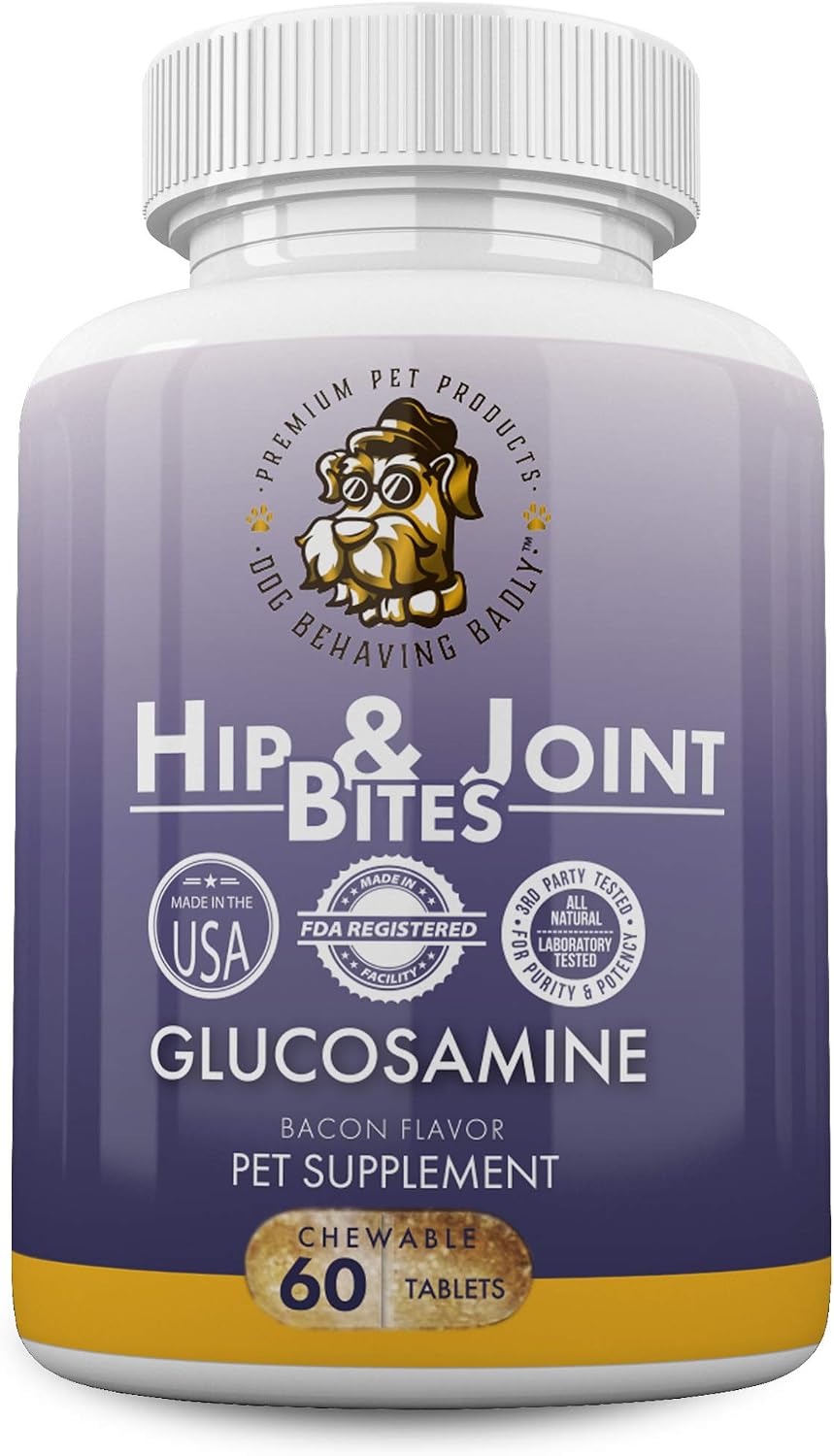 Dog Behaving Badly Hip and Joint Bites for Dogs, 60 Chewable Tablets with Glucosamine Chondroitin and Turmeric for Hip and Joint Care,…