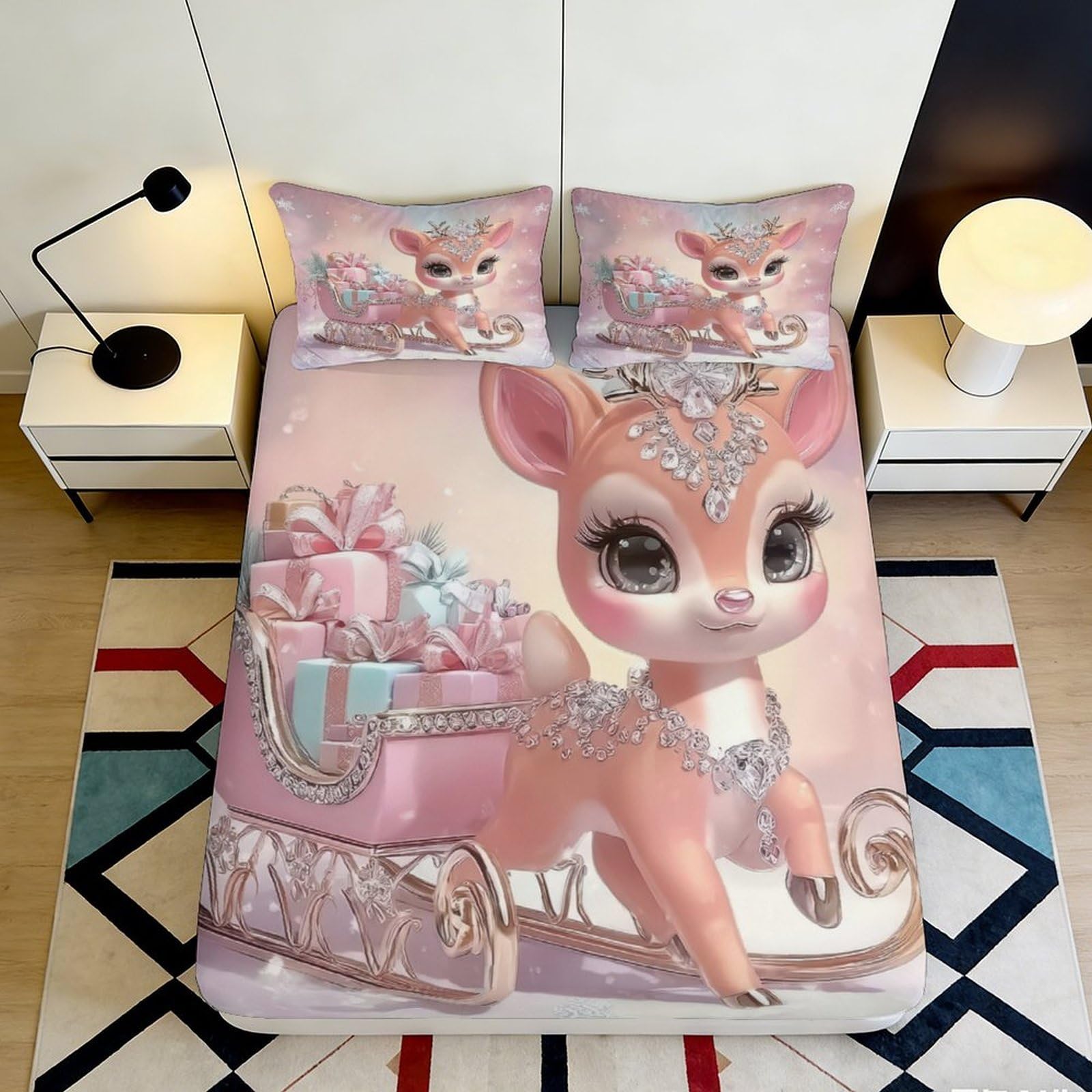 3D Printed Pink Reindeer Fitted Sheet Microfiber Soft Anti-Slip Christmas Sleigh Bed Cover for Bedroom Guestroom Decor 200x200x25cm
