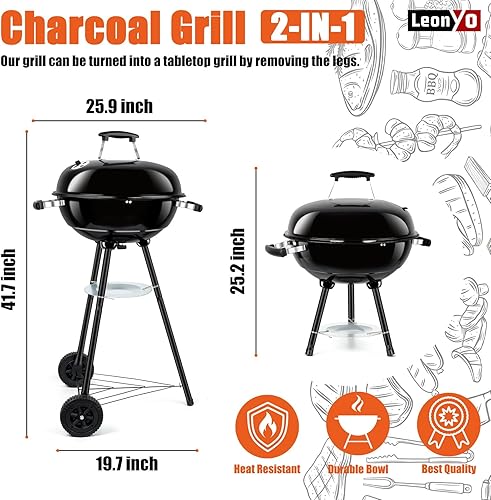 Miniatura 3 de Leonyo - Parrilla de carbón portátil de 18 pulgadas, ahumador redondo con ruedas y tapa esmaltada de porcelana para cocinar al aire libre,