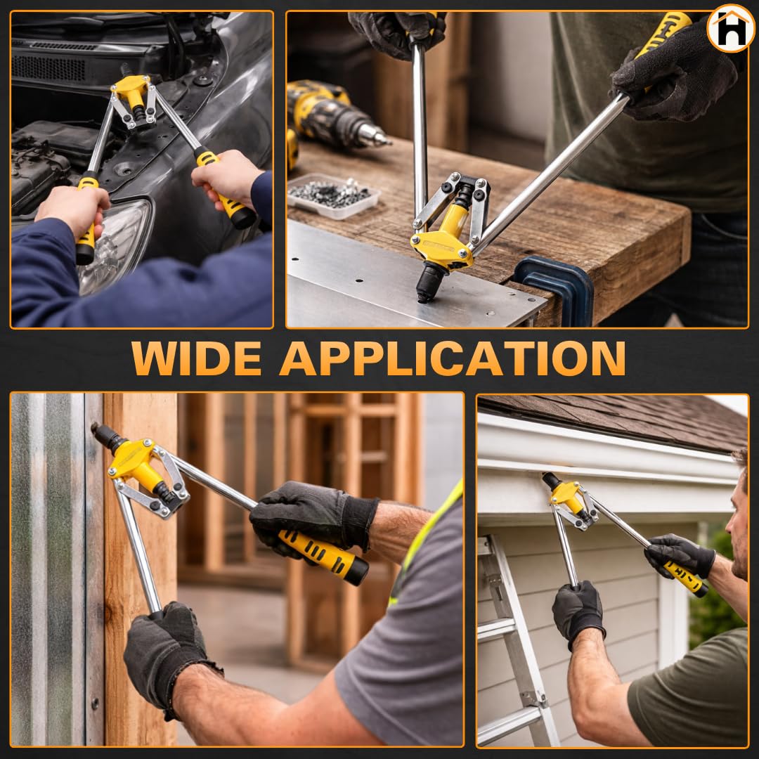 Homdum 17 Inch Heavy Duty Double Handle Rivet Gun With Pop Rivets, Hand Pull Riveter Nail Gun with 60 Nos Blind Rivet and Gloves (Yellow/Orange) 4