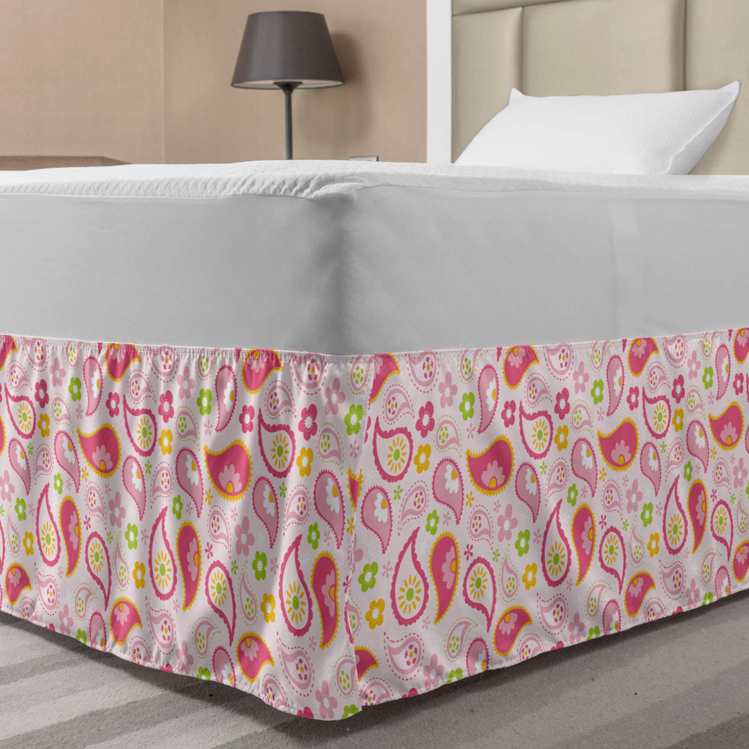 Lunarable Paisley Elastic Bed Skirt Spring Inspired Pink Colored Pattern Little Daisies Girly Feminine Wrap Around Fabric Bedskirt