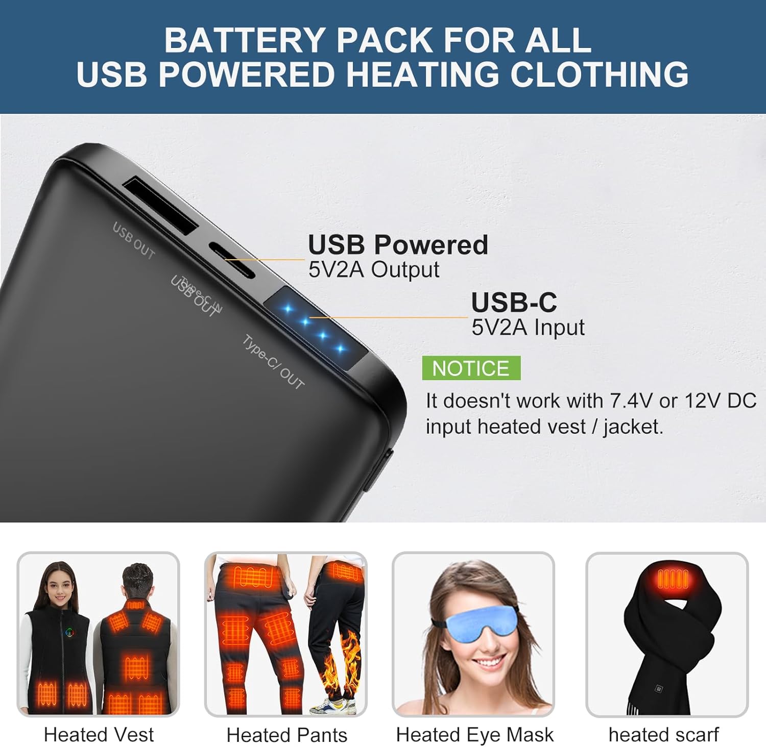 KOVNLO Battery Pack for Heated Vest, Ultra Thin Portable 5V 2A 10000mAh USB Power Bank, Charger for Heated Jacket,iPhone, Android - Image 2