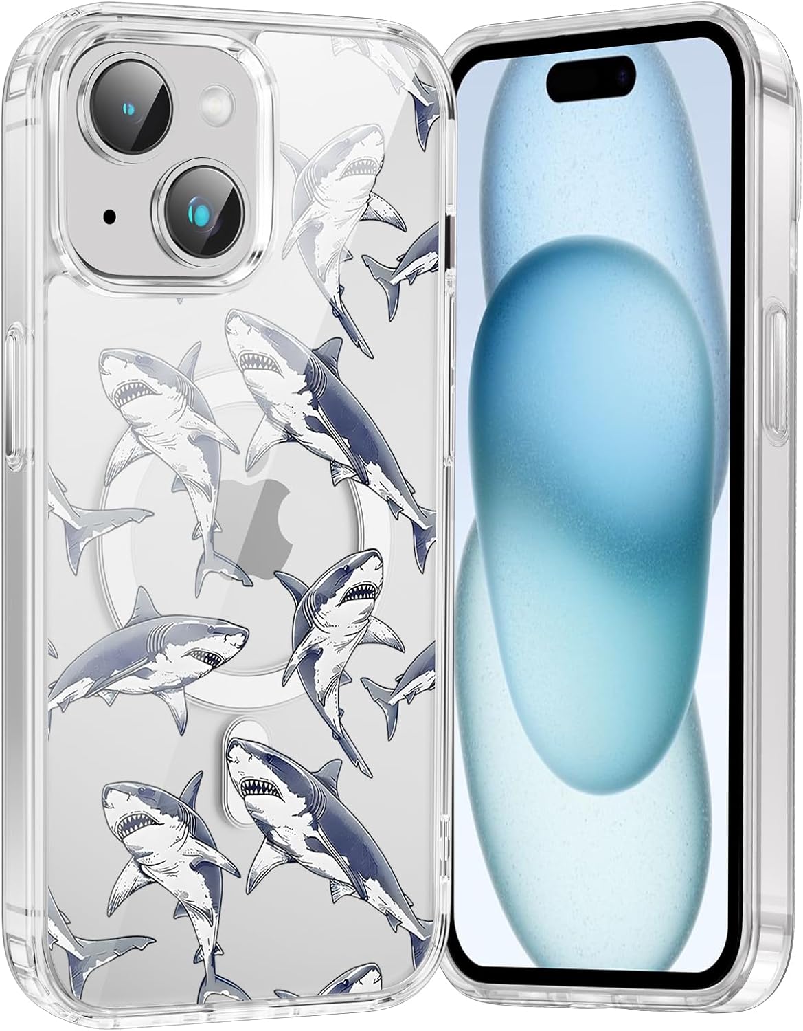 Cute Clear Blue Whale Shark Magnetic Phone Case for iPhone 15 6.1", Compatible with MagSafe, Aesthetic Summer Ocean Pattern Cover Slim Soft TPU Shockproof Protective Funda for Women Girls