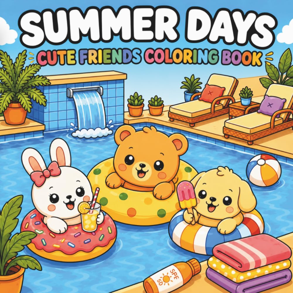 Summer Days Cute Friends Coloring Book: Adorable Animal Friends, 45 Summertime Scenes To Color | For Adults & Kids