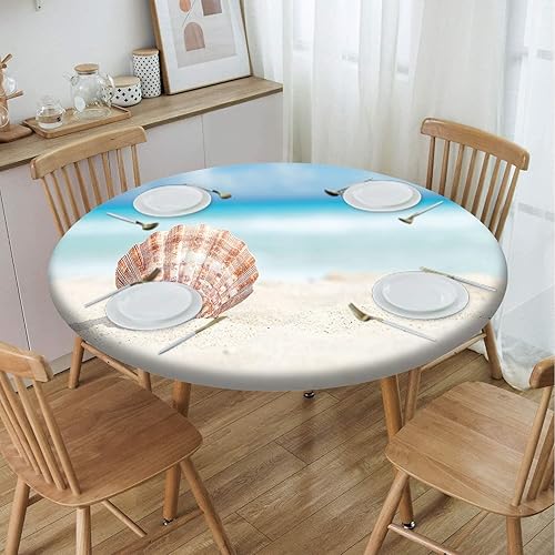 Mantel redondo ajustable con patrón de playa, borde elástico, impermeable, lavable, para mesa de comedor, multicolor, para mesas redondas de 22 a 27