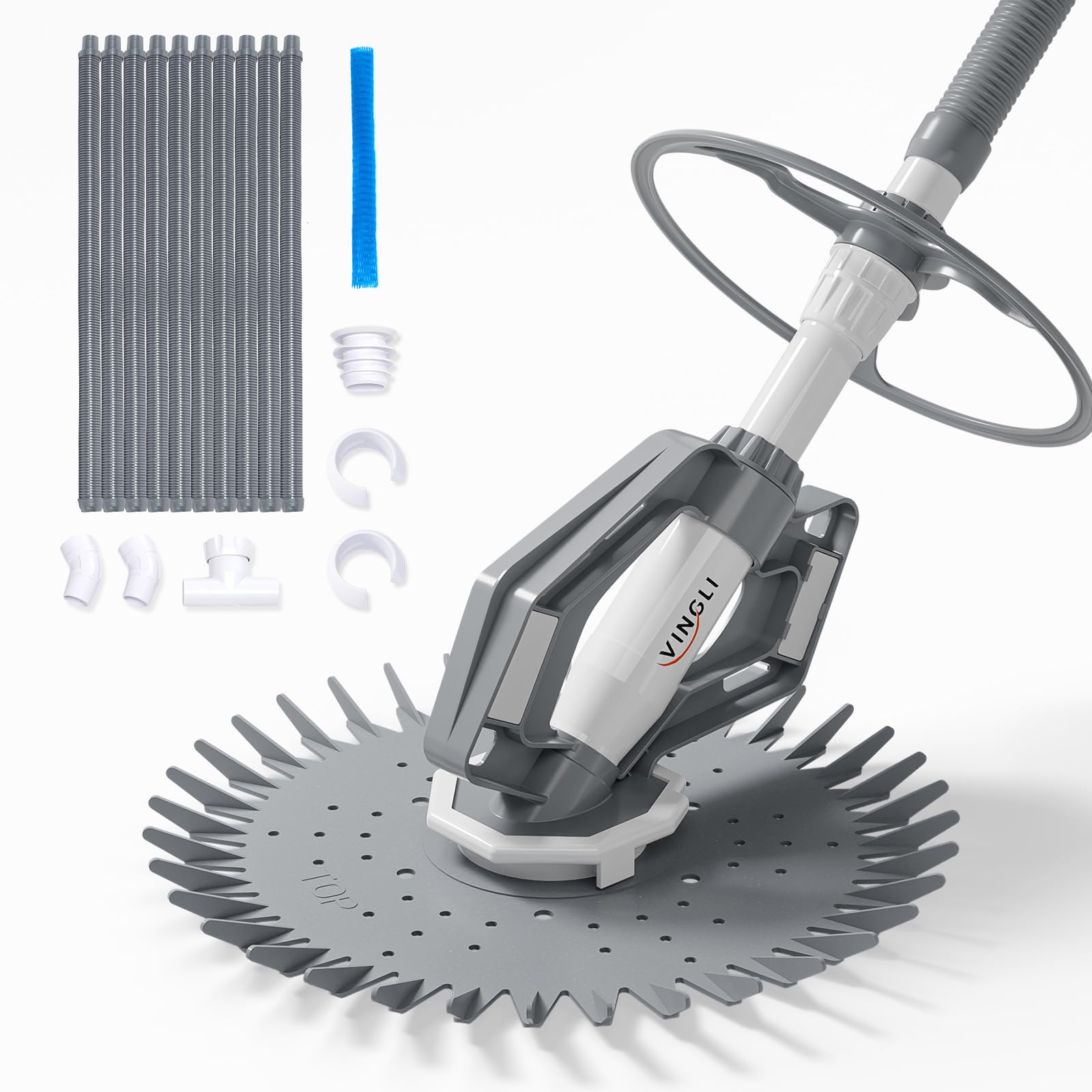 VINGLI Aspiradora de piscina sobre el suelo para interiores y exteriores, limpiador automático de piscinas con mangueras de 33 pies (gris claro)