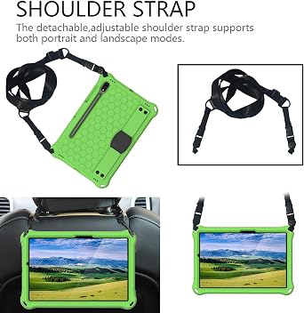 Bumper Case for Samsung Galaxy Tab S9 FE/S9/S8/S7 11, Techcircle Shockproof [Elastic Hand Strap] Stand EVA Foam Protective Case w/Shoulder Strap Kids Cover for Tab S7/S8/S9 SM-T870/X700, Green