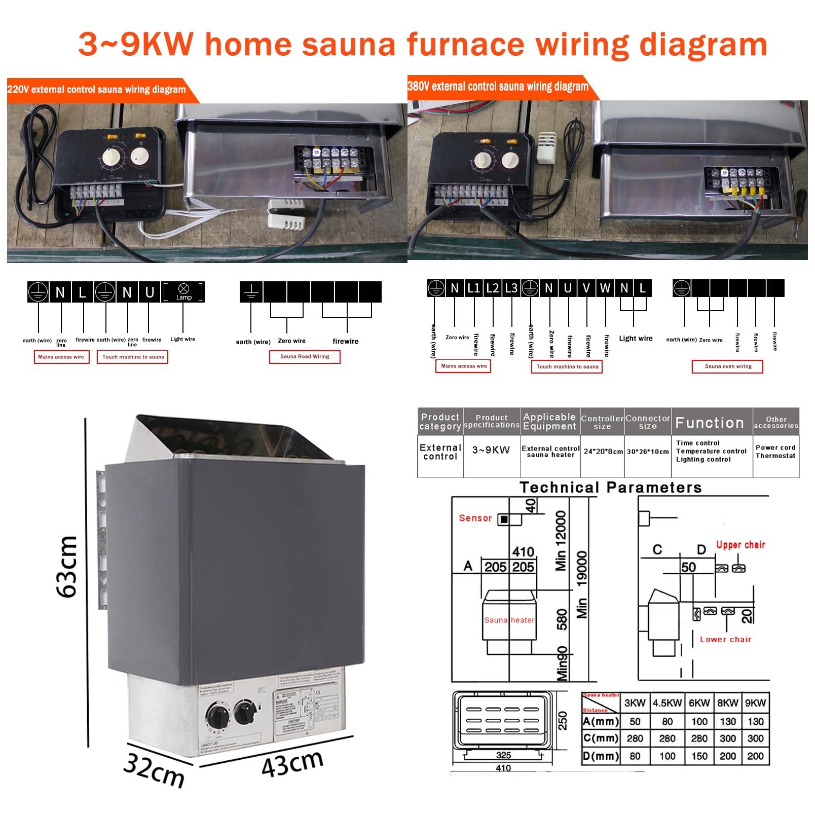 Riscaldatore Elettrico per Sauna, Stufa per Sauna, Stufa per Sauna a Vapore Secco, Attrezzatura per Bagno Turco, per palestre, Spa (6kw/380v)