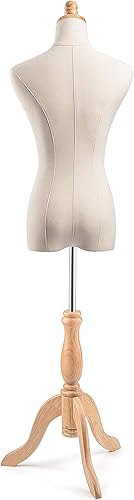 Miniatura 5 de TSC - Maniquí de forma de vestido femenino en lienzo natural sobre base de trípode de madera tradicional (natural, mediano)