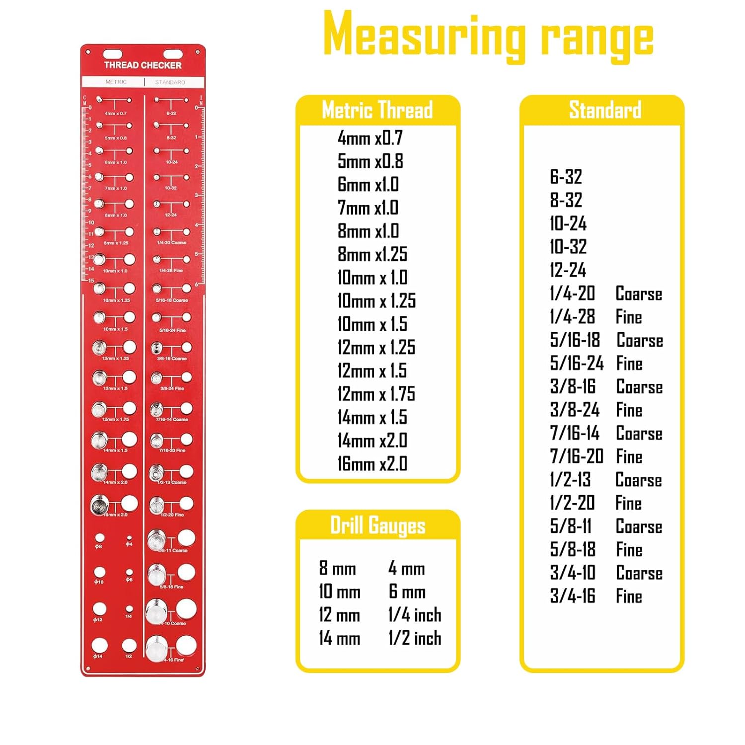 Thread Checker, 42 Nut and Bolt Thread Gauge Set, Nut and Bolt Identifier Gauge with 19 Standard & 15 Metric Sizes, 8 Drill Gauges, Inch/CM Ruler, Aluminum