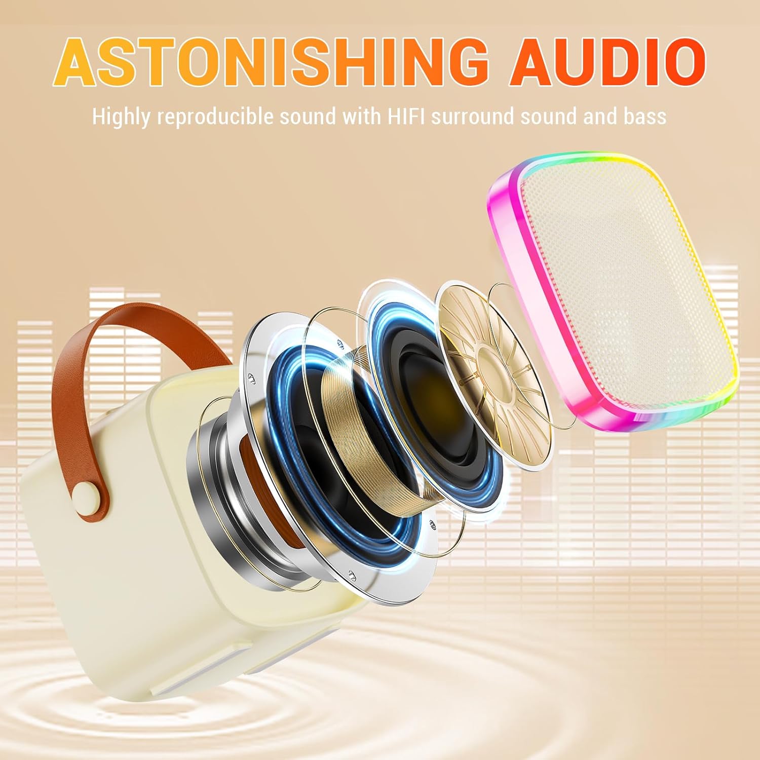 Mini Karaoke Machine for Kids Adults, Portable Bluetooth Karaoke Speaker with 2 Wireless Microphones & Colorful Lights for Girls Boys Christmas Family Party Outdoor Travel(Beige)