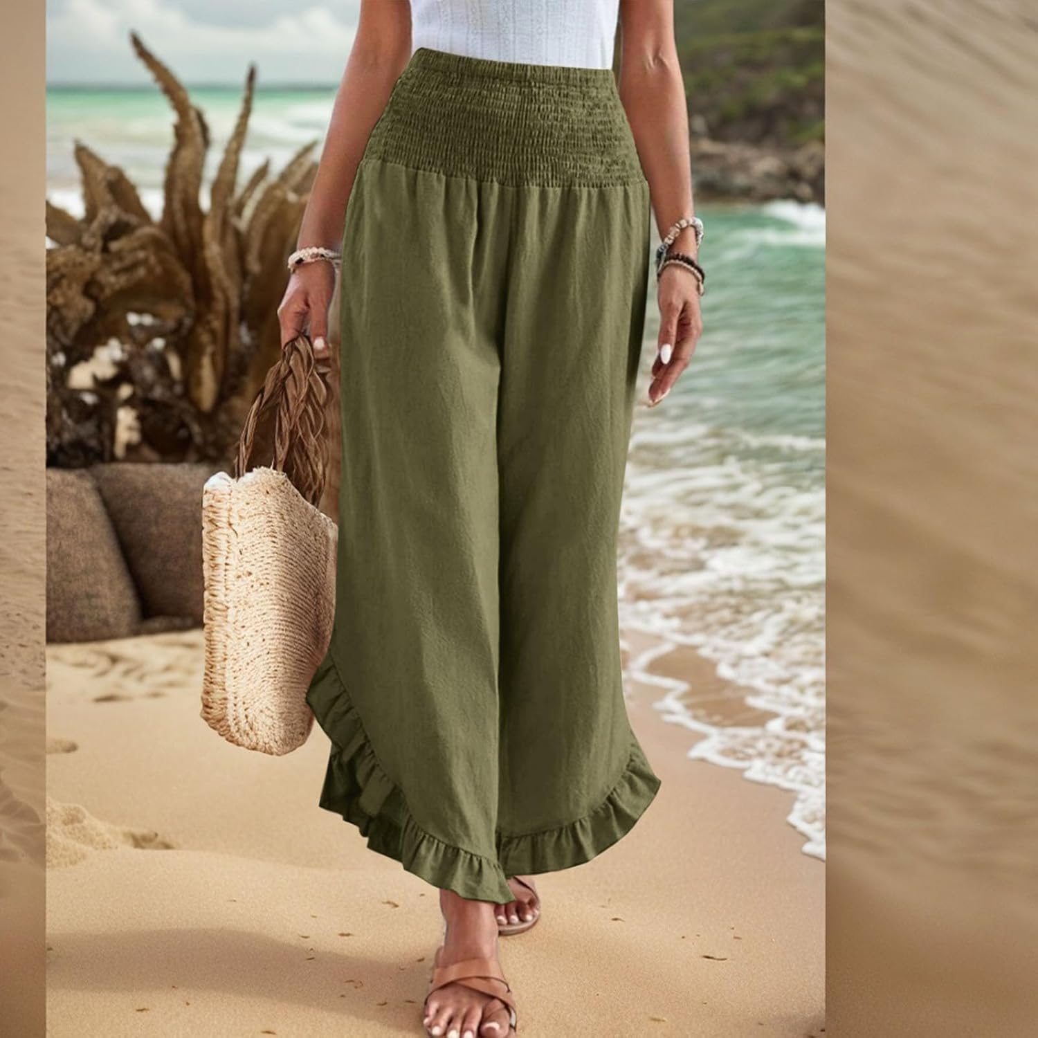 Women Linen Pants Summer Wide Leg Pants Smocked Waist Ruffle Hem Palazzo Pant Boho Flowy Beach Pant with Pocket - Image 2