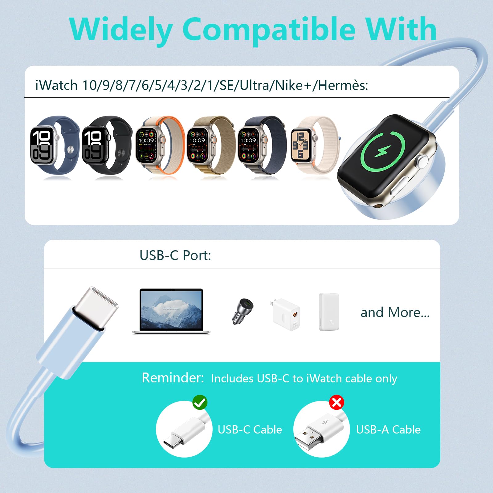 Confezione da 2 cavi di ricarica USB C per Apple Watch, certificato MFi, cavo di ricarica per iWatch da 0,9 m, compatibile con iWatch serie 10/SE 2/SE/9/8/7/6/5/4/3/2/1, blu