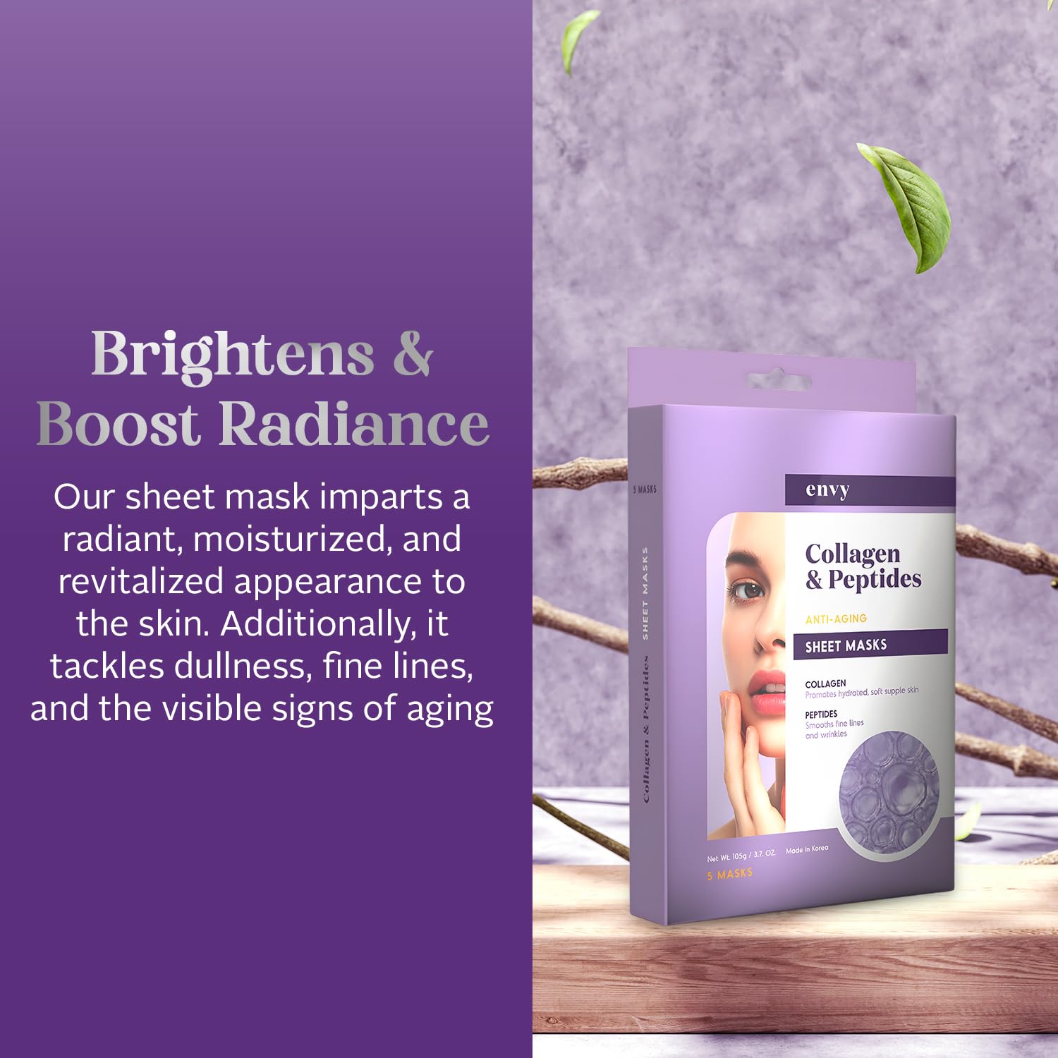 Envy Collagen & Peptides Sheet Face Mask - Hydrating, Anti-Aging & Reduces Acne Scars & Wrinkles - Dermatologist Tested, Clean Beauty Korean Skin Care for All Skin Types - 5 Masks