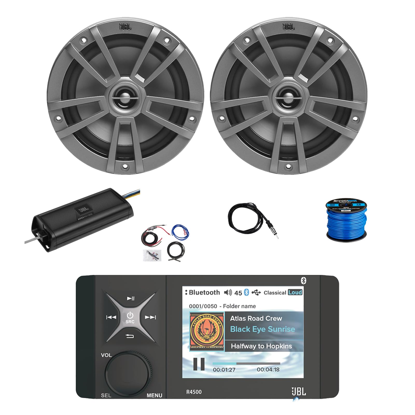 Marine Bluetooth AM/FM/WeatherBand Radio Receiver, 2X 6.5 180 Watt 2-Way Multi-Element Audio Speakers (Gray), Wire, Antenna, 2-Channel 750W Amplifier w/Kit