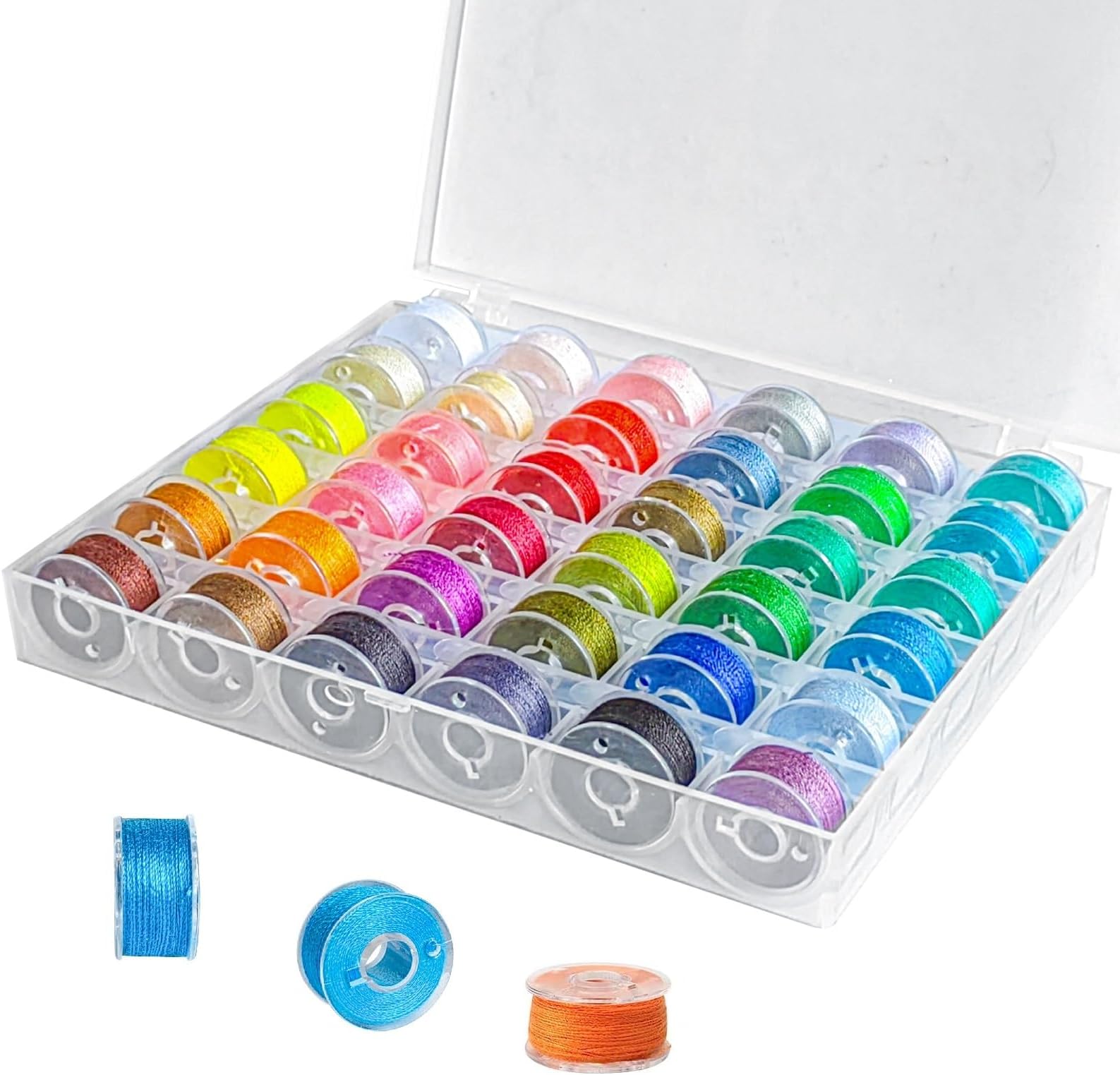 Hotusi 36Pcs Bobbins and Sewing Threads with Bobbin Case,Pre-Wound Plastic Sewing Bobbins Set, Assorted Color Thread Spools and Bobbins for Multiple Household Sewing Embroidery Machine