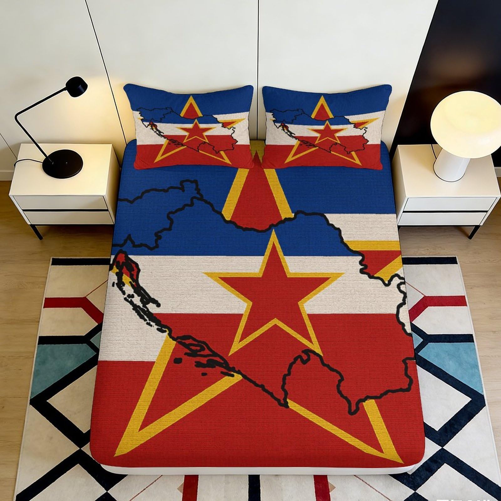 Vivid Decor 3D Printed Yugoslav Flag Fitted Sheet, Microfiber Soft Touch, Bed Cover for Bedroom Apartment, Wrinkle Resistant, Guest Room Bedding, 119x 90x200x25cm