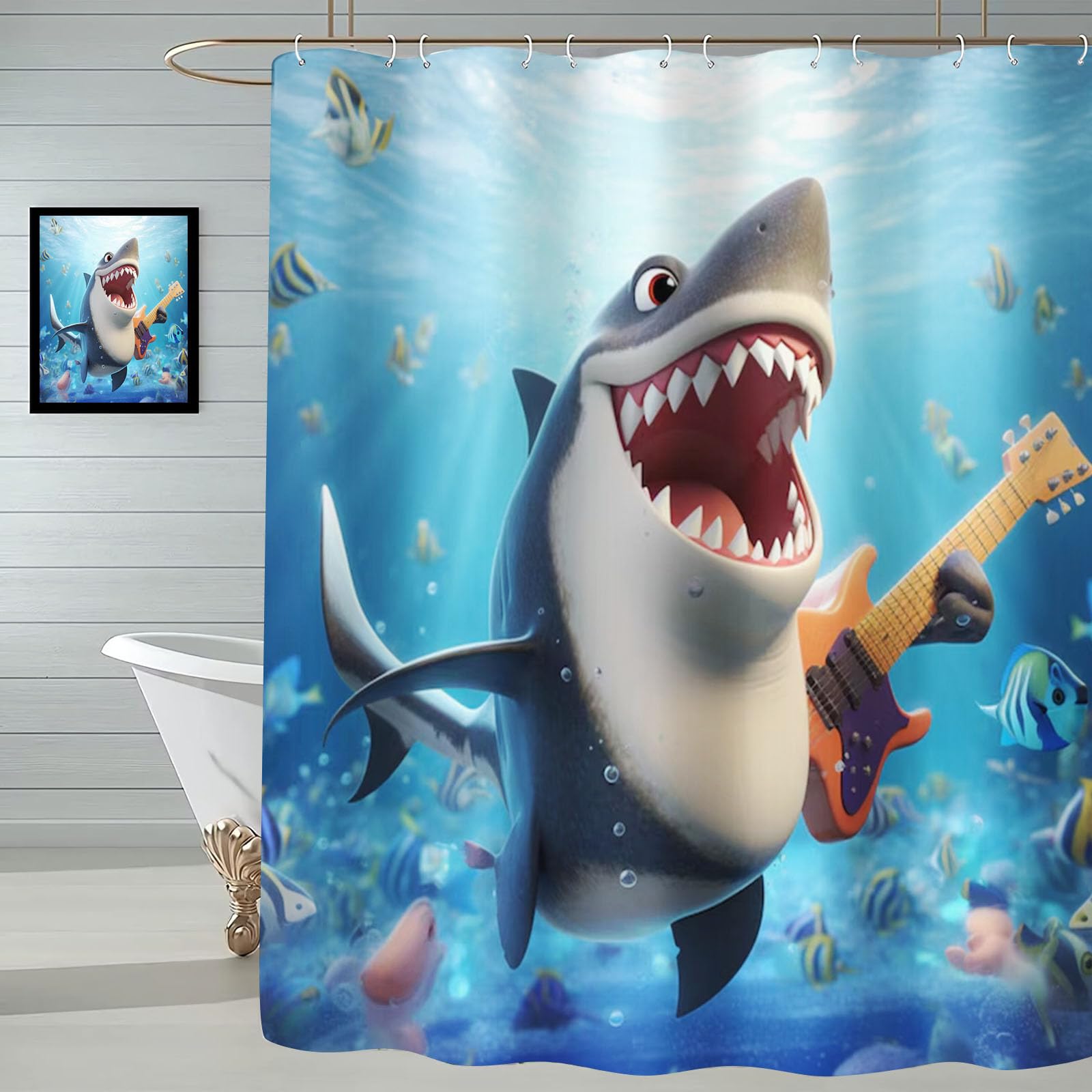 Rideau de douche - Motif océan - Thème requin - Baleine - 180 x 200 cm - Bleu - Mer profonde - Multicolore - Monde sous-marin - Requin tortue et poisson - En textile imperméable (3, 180 x 200