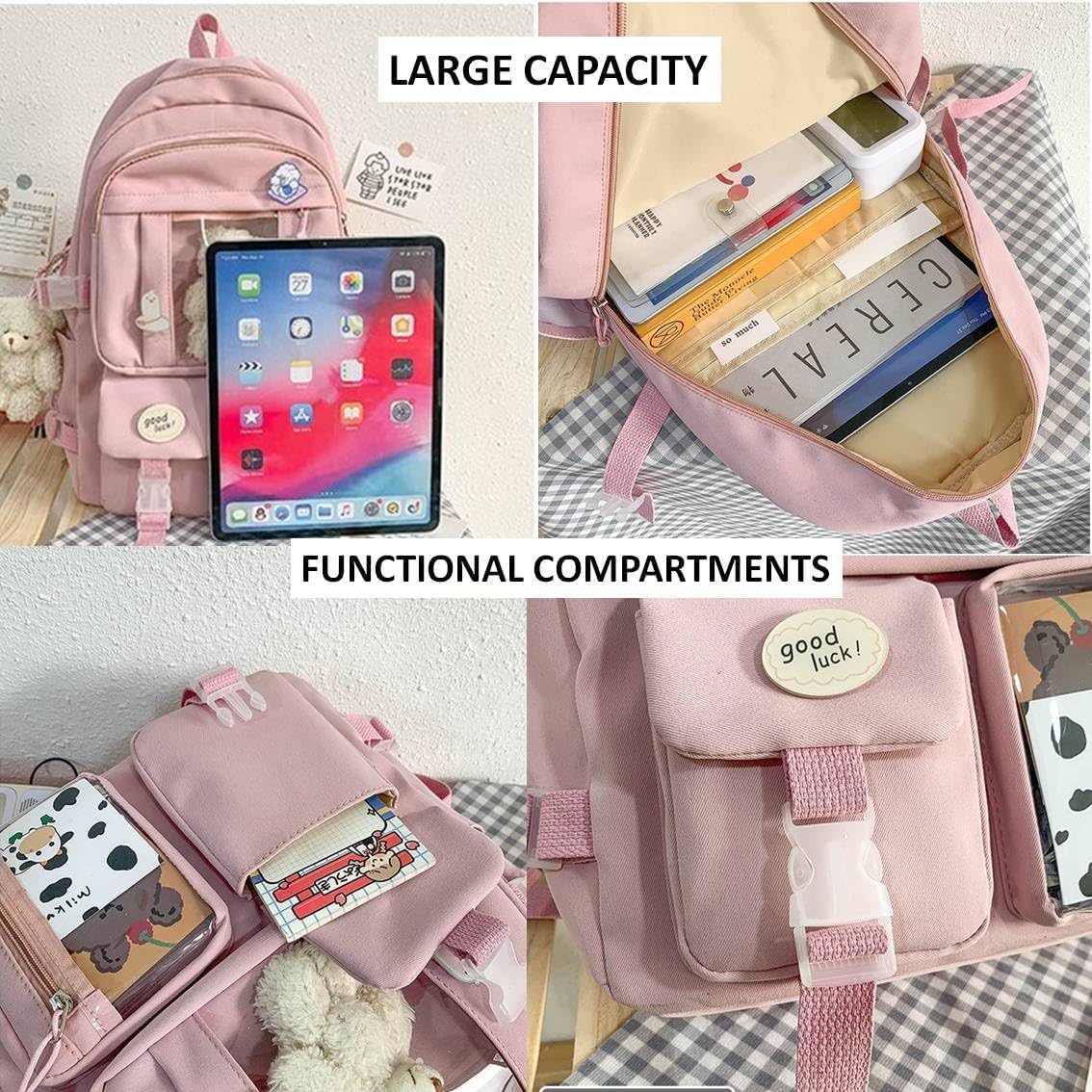 Kawaii Backpack with Cute Plush Pendant IDA Windows Pins Travel Daypack Spacious (Black)