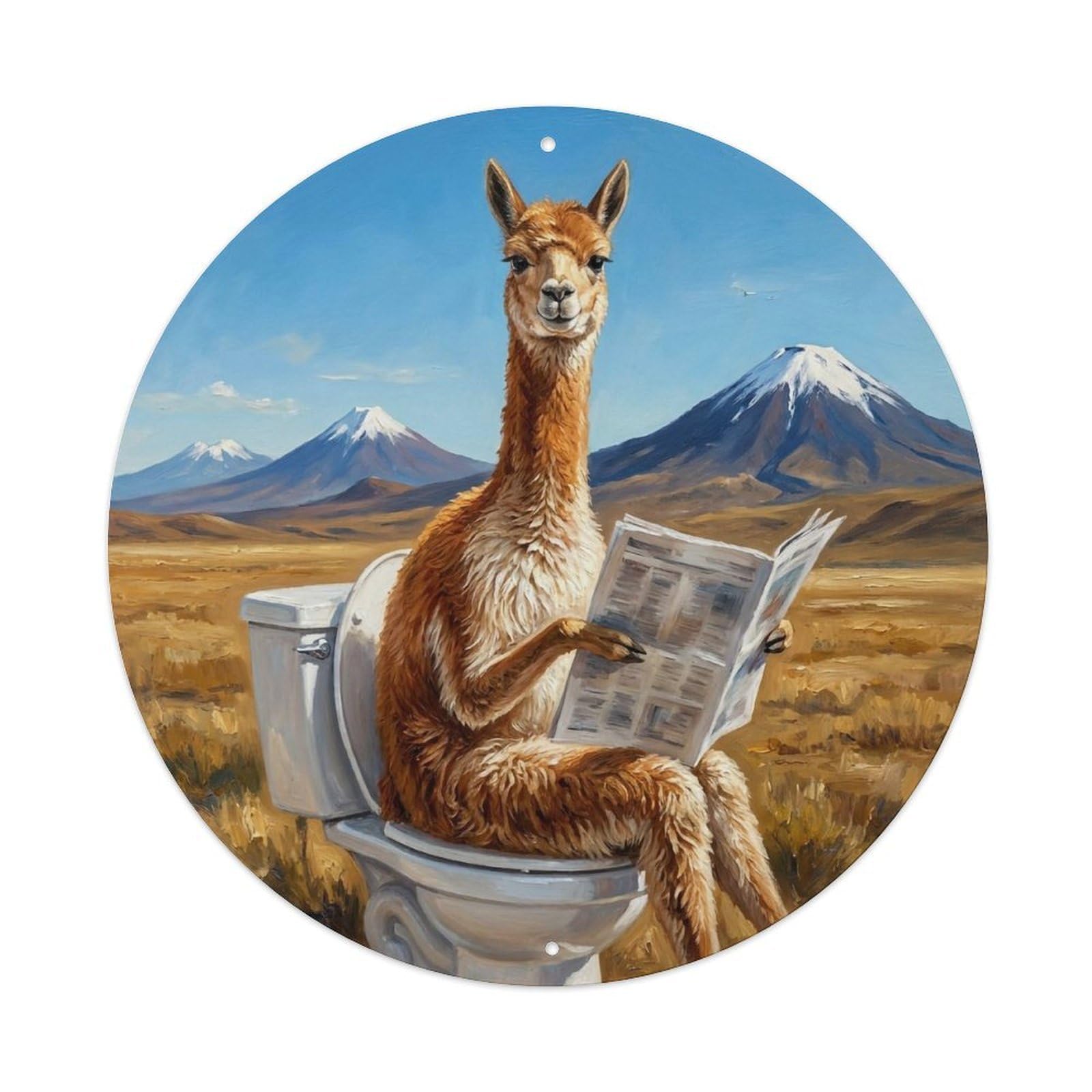 Vicuna On Toilet Humorous Bathroom High Plain Reads Metal Tin Sign