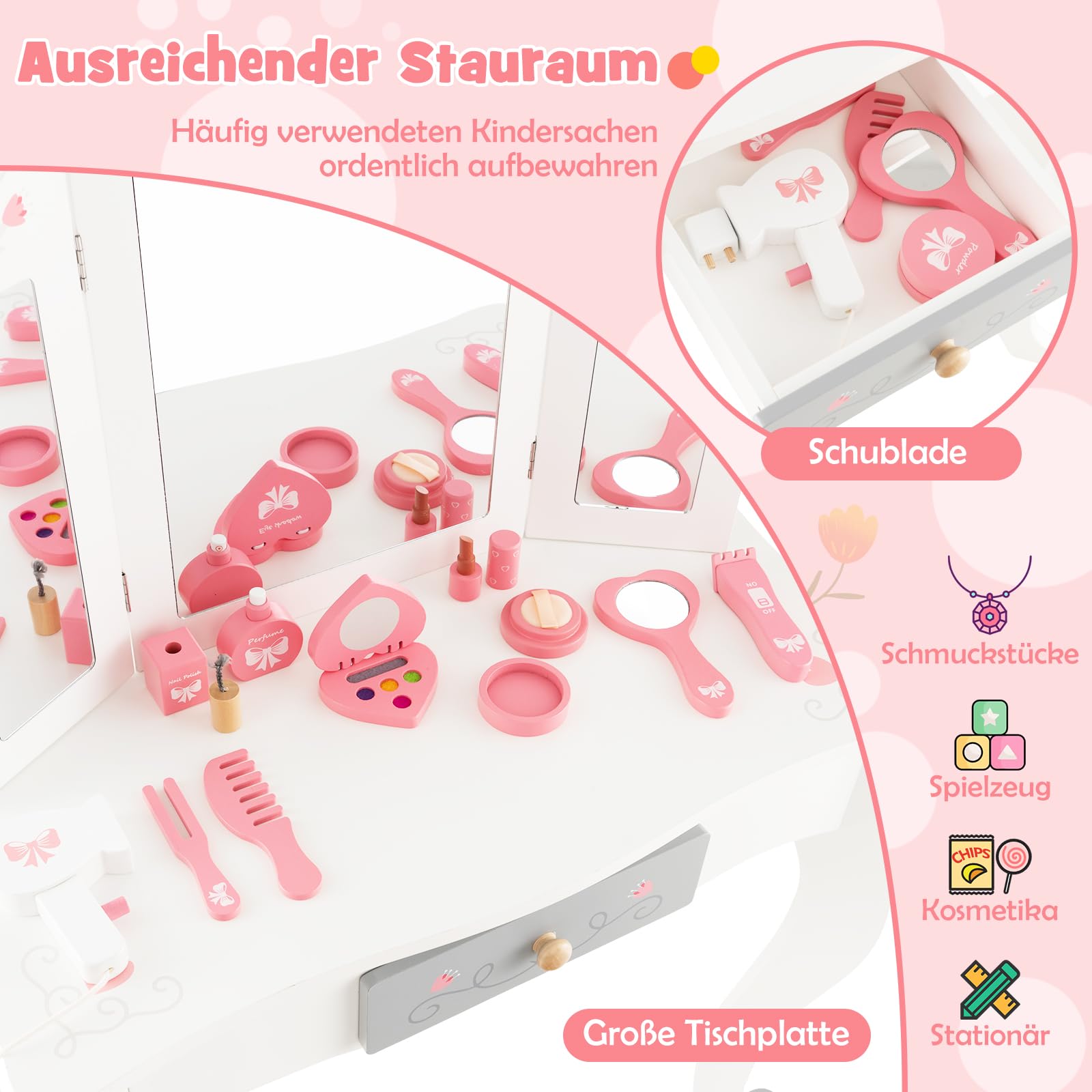 DREAMADE 2 IN 1 Kinder Schminktisch mit 10 TLG. Spielzubehör und Hocker, Prinzessin Frisiertisch mit Schublade, Kosmetiktisch Kinderschminktisch aus Holz für Mädchen ab 3 Jahren, weiß