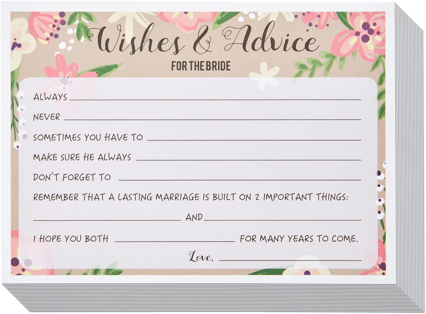 50 Pack Floral Wedding Advice Cards for Bride, Bridal Shower Games (5x7 In)