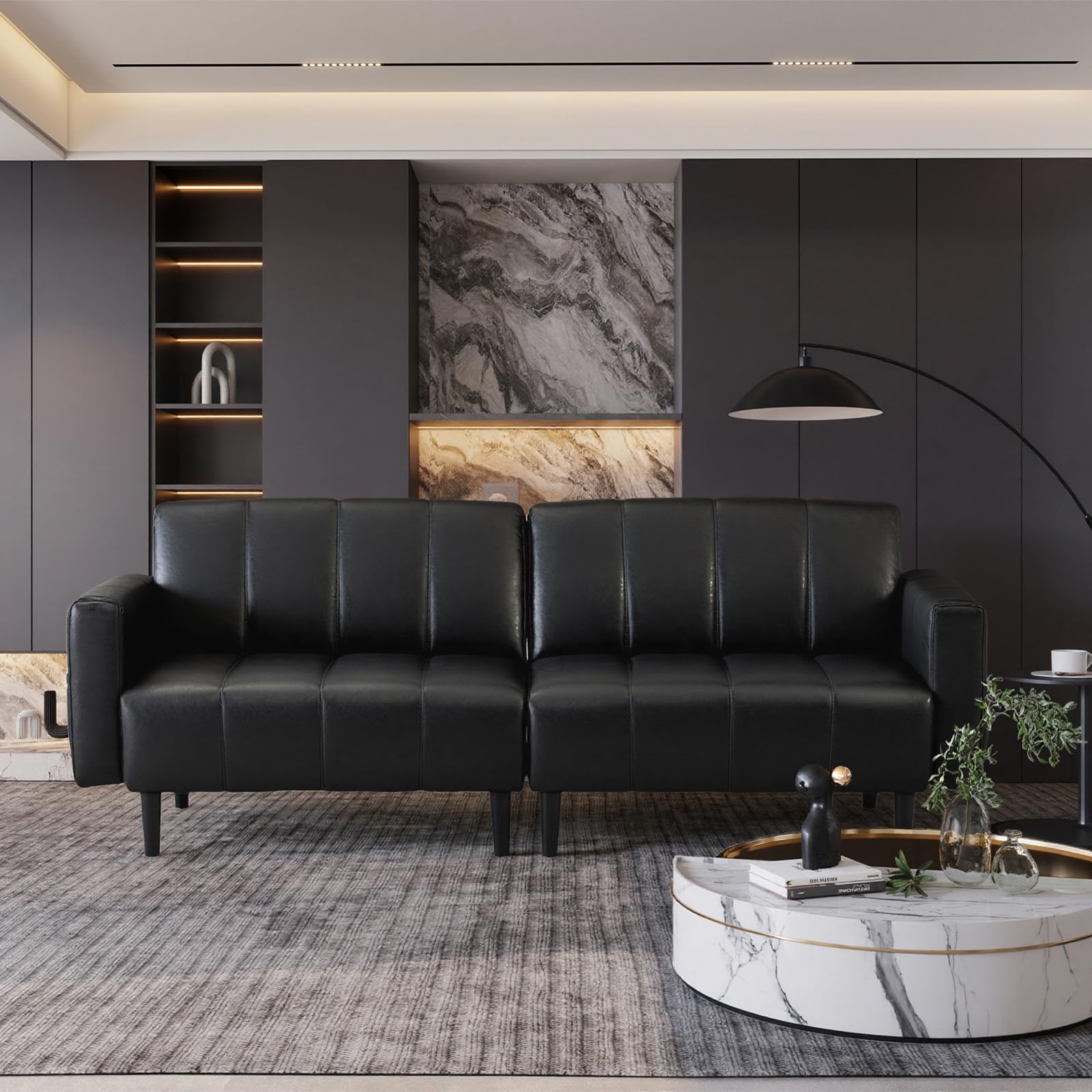 83" Faux Leather Futon Couch,Mid Century Modern Leather Sofa(Black) | Adjustable Backrest,Convertible,Storage Pocket,Wooden&Steel Frame for Office,Living Room,Space-Saving