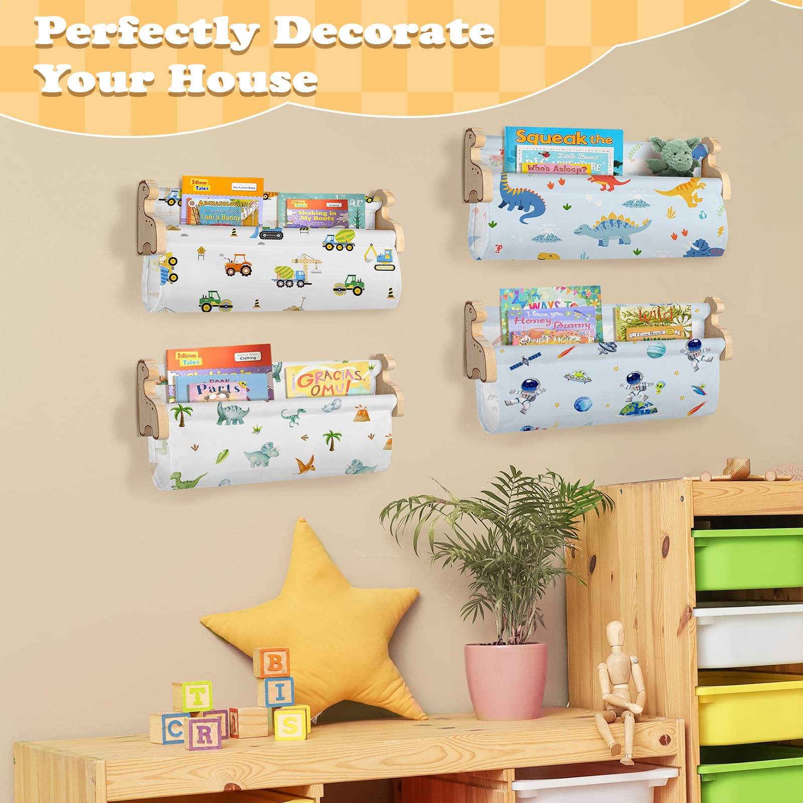 Decalsweet Kids Bookshelf,Set of 4 Floating Book Shelves for Wall,Wooden Book Shelf for Kids Room Classroom Nursery Decor,Gift for Boys Toddler Children,Dinosaur - Image 4