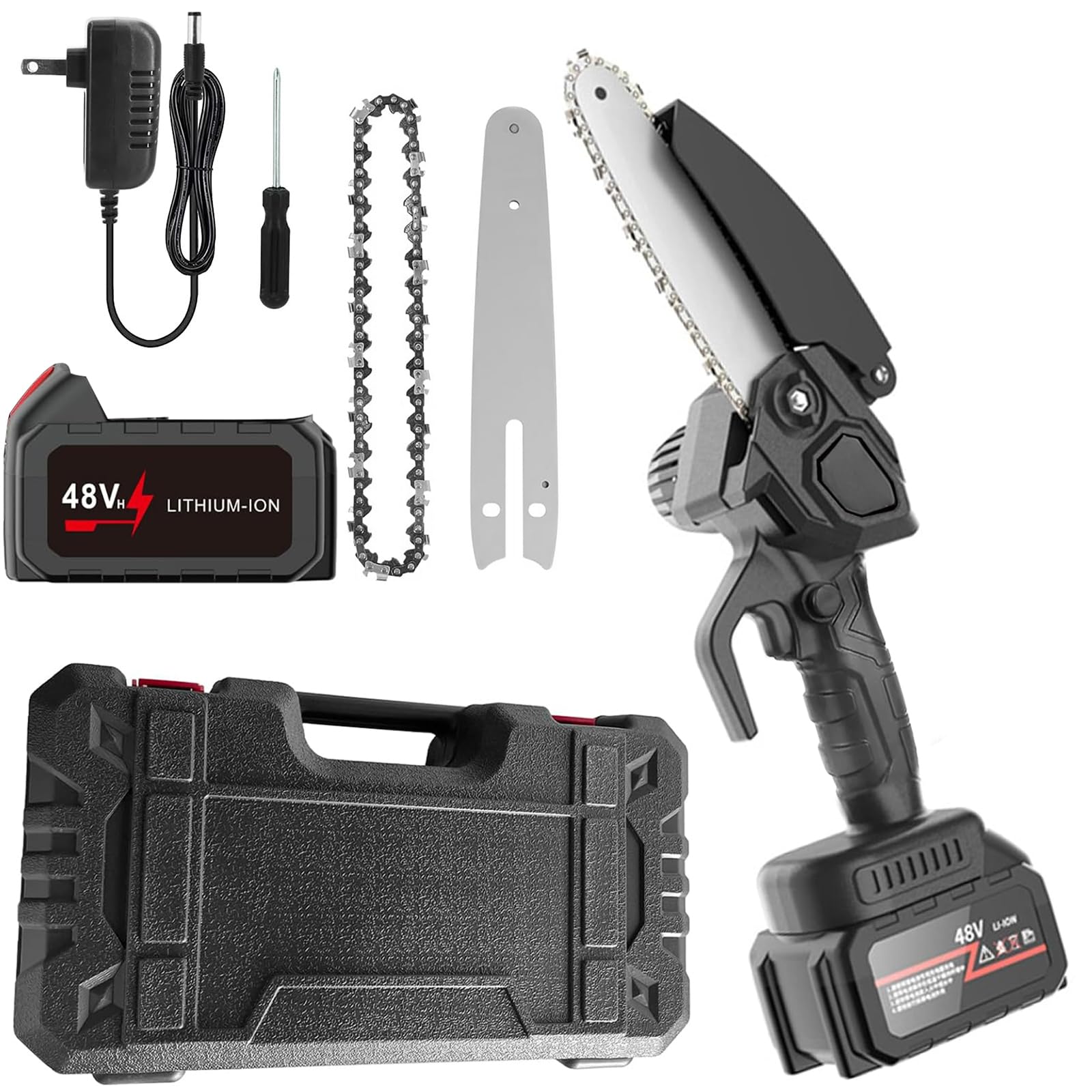 Cunsieun Mini motosega con batteria da 8 pollici, motosega elettrica a batteria da 8 pollici, con 1 batterie da 1,0 Ah e 1 catene di ricambio, colore nero (8 pollici) 8pollici